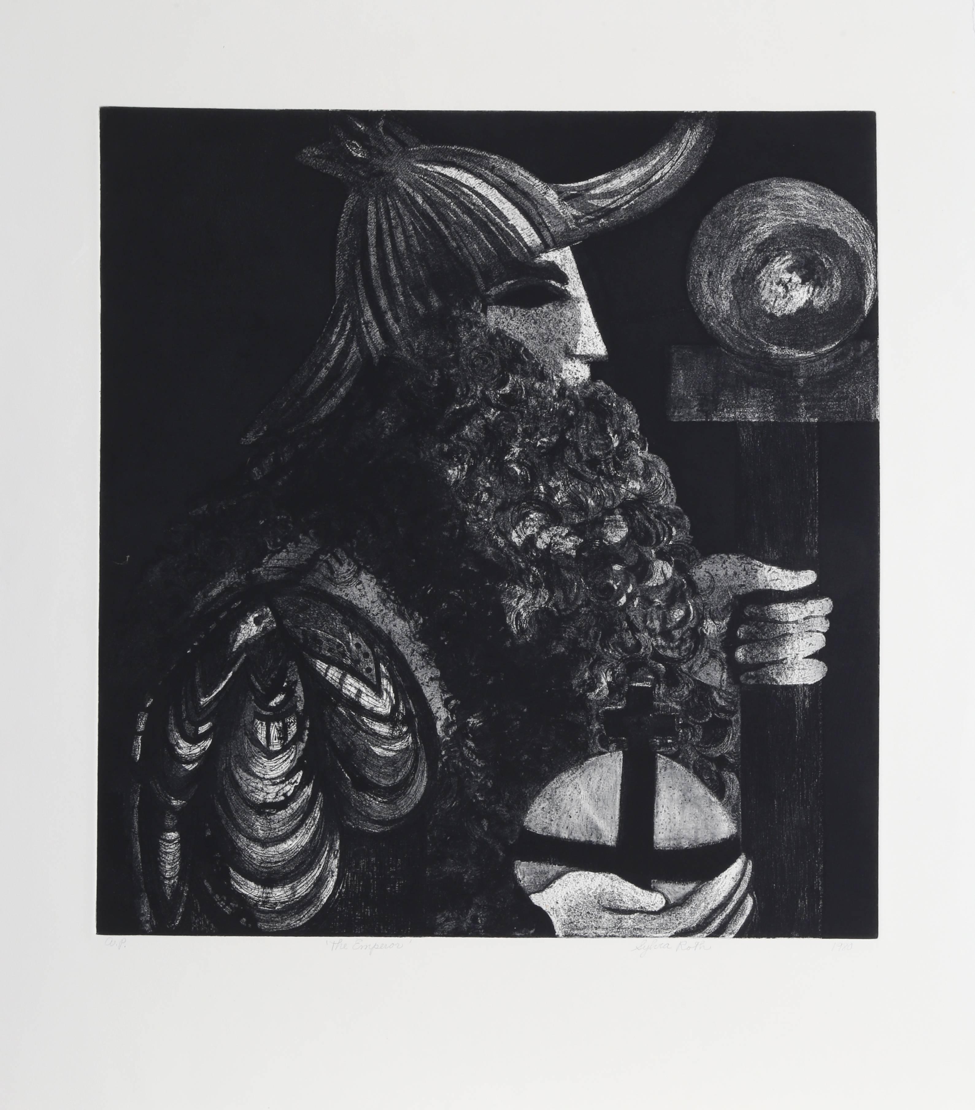 Artista: Sylvia Roth
Título: El Emperador
Año: hacia 1980
Técnica: Aguafuerte con aguatinta, firmado a lápiz
Edición: AP
Tamaño de la imagen: 23,5 x 22 pulgadas
Tamaño: 34 x 28,5 pulgadas