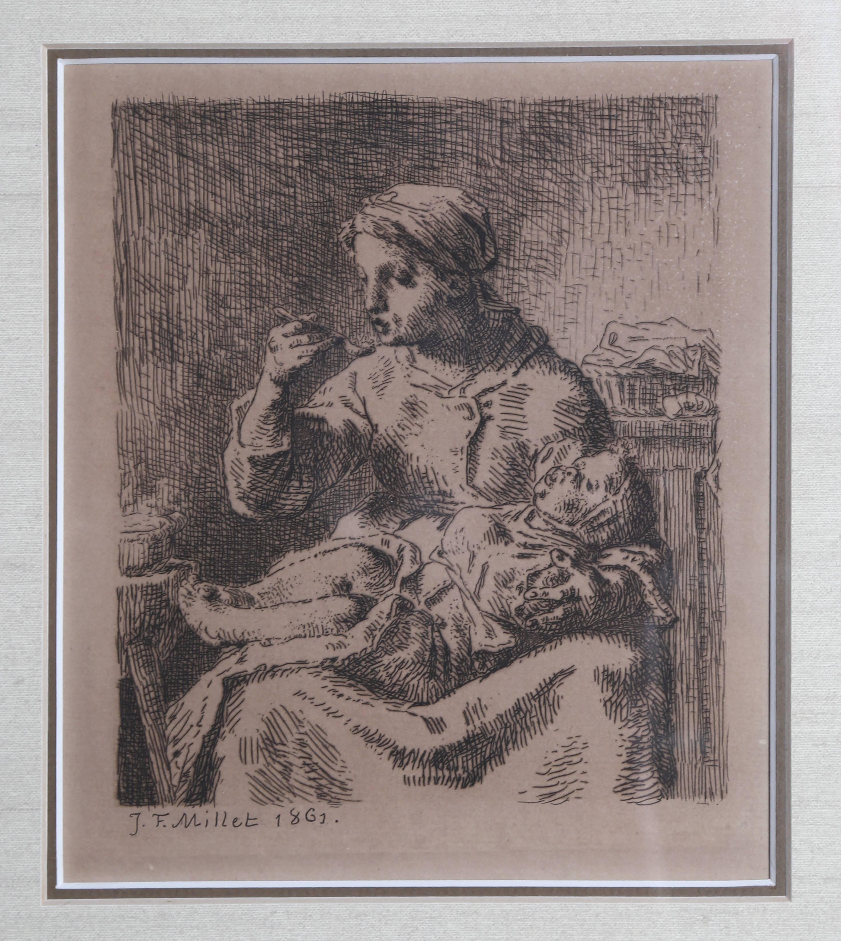Jean Francois Millet, „La Boullie (Der Porridge)“, Kaltnadelradierungsradierung, 1861 (Impressionismus), Print, von Jean François Millet