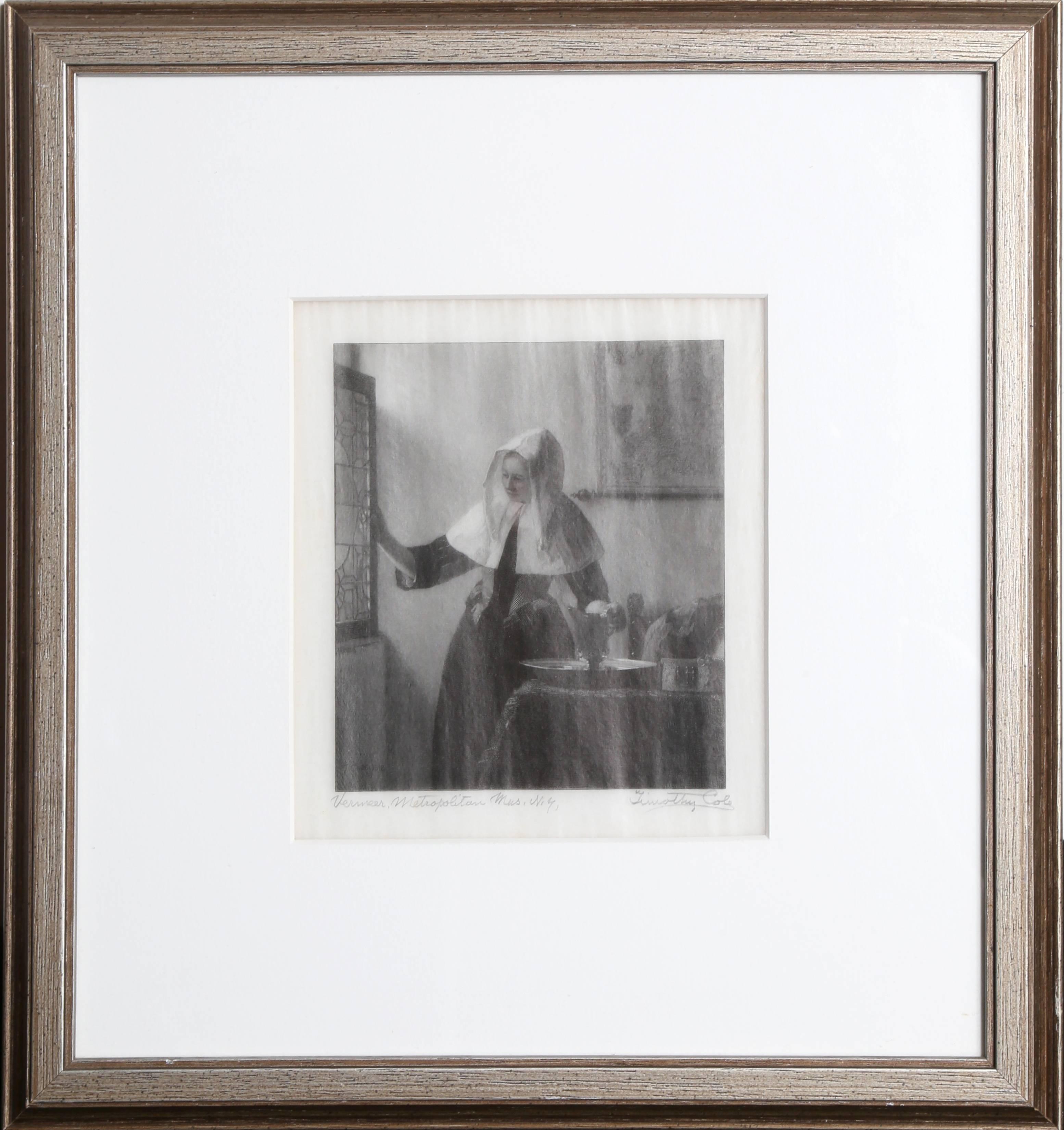Artiste : Timothy Cole d'après Johannes Vermeer
Titre : Femme avec une cruche d'eau
Année : 1912
Médium : Photolithographie, signée au crayon, marquée Vermeer, Metropolitan Mus. NY
Taille de l'image : 6 x 5 pouces
Taille du cadre : 15 x 14 pouces