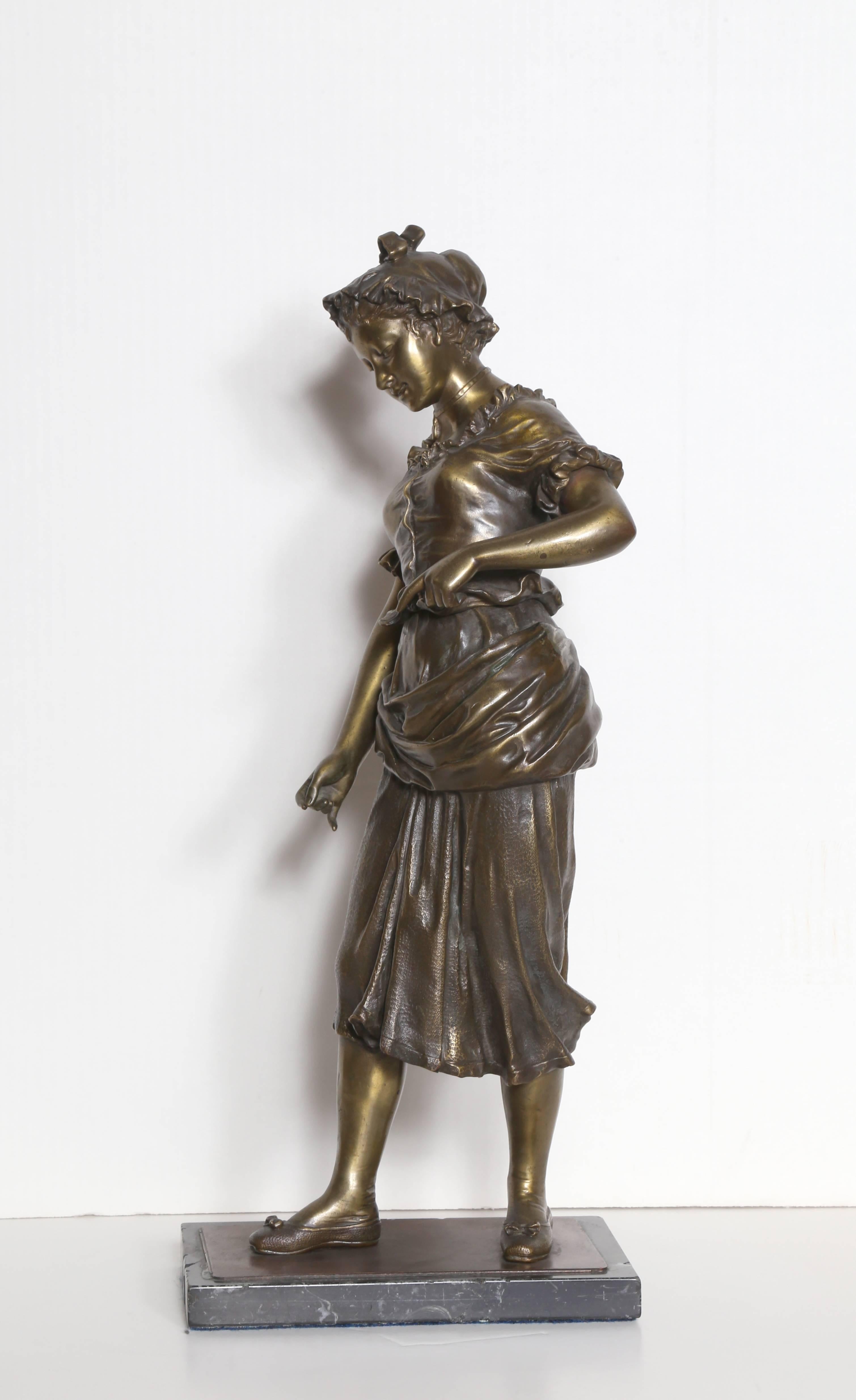 Hippolyte François Moreau Figurative Sculpture - "Maiden, " Bronze Sculpture on Marble Base
