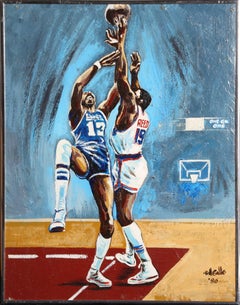 Vintage Willis Reed and Wilt Chamberlain Jump Ball, by Bill Gallo