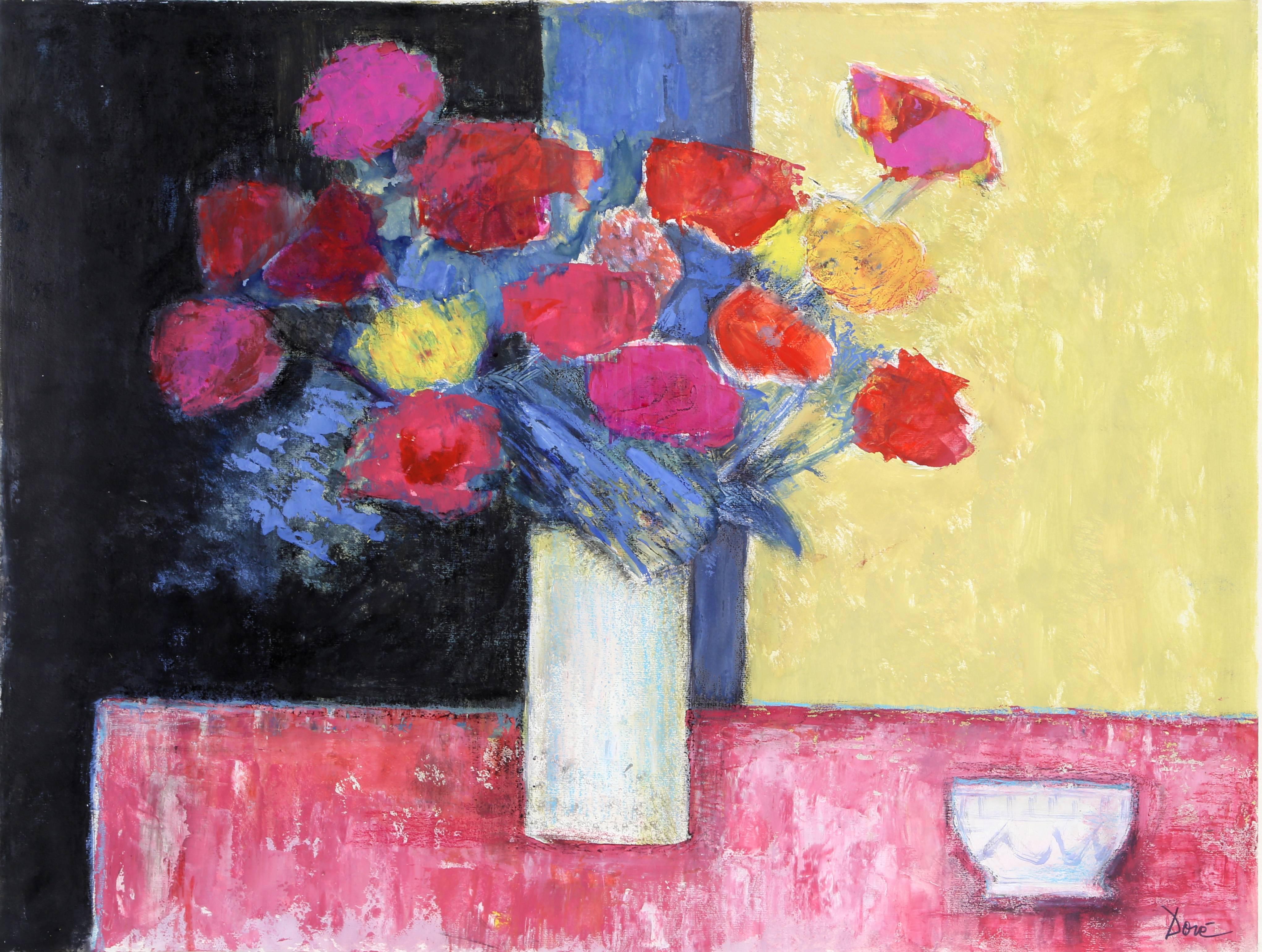 Jose Canes (Dore) Still-Life – Stillleben mit Blumen und Schale, Acrylfarbe und Pastell von Jose Canes