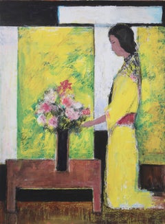 Femme agenouillée avec des fleurs, peinture acrylique et pastel de Jose Canes