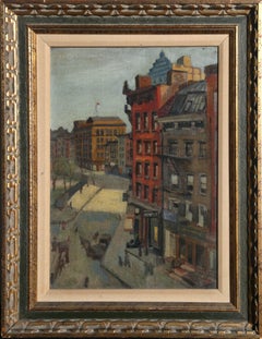 Vintage "City Street, " Oil on Board, circa 1930