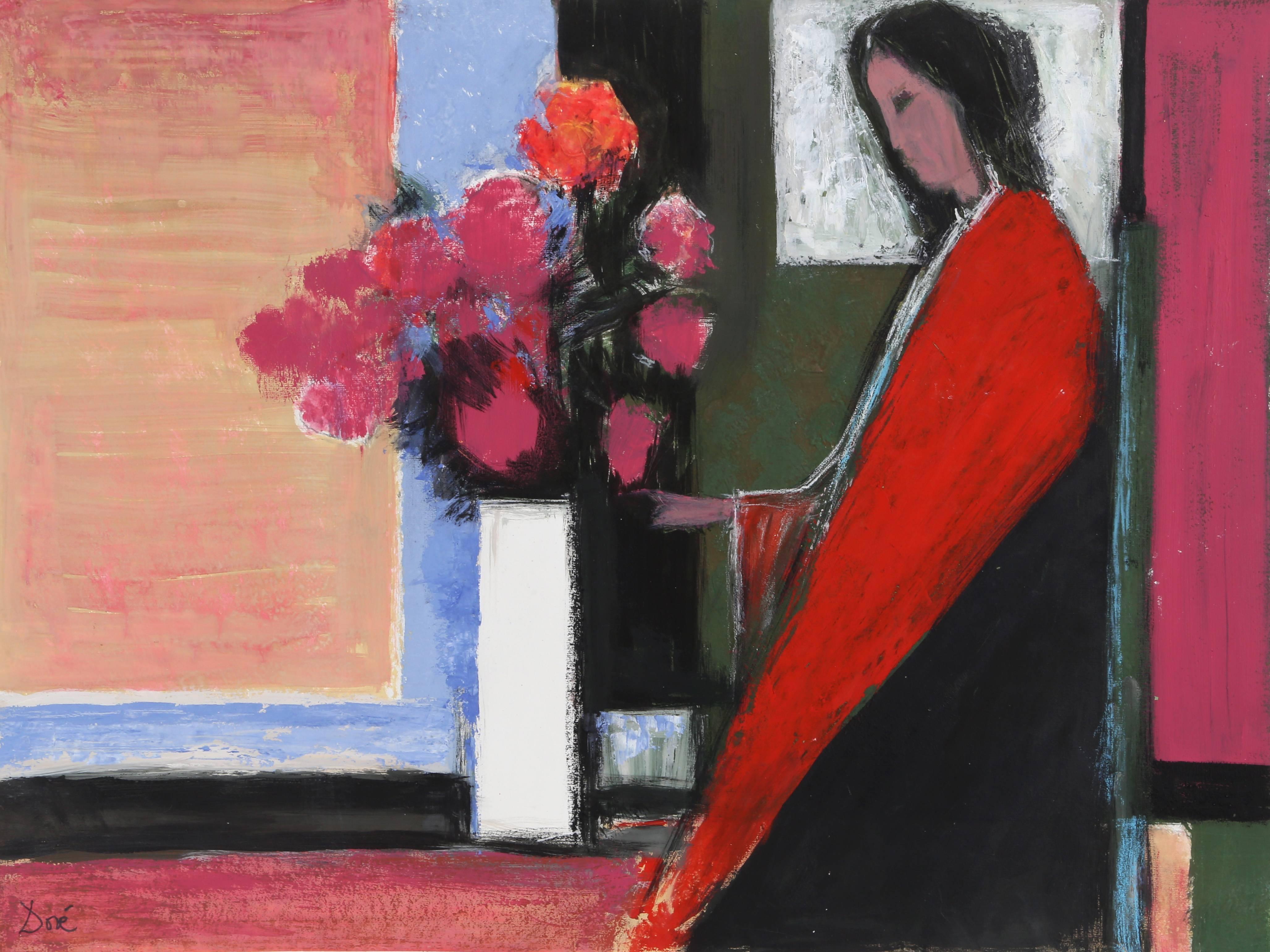 Jose Canes (Dore) Figurative Painting - "Woman in Red, " Acrylic and Pastel on Paper by Jose Canes, circa 1980