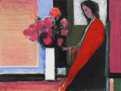 Used "Woman in Red, " Acrylic and Pastel on Paper by Jose Canes, circa 1980