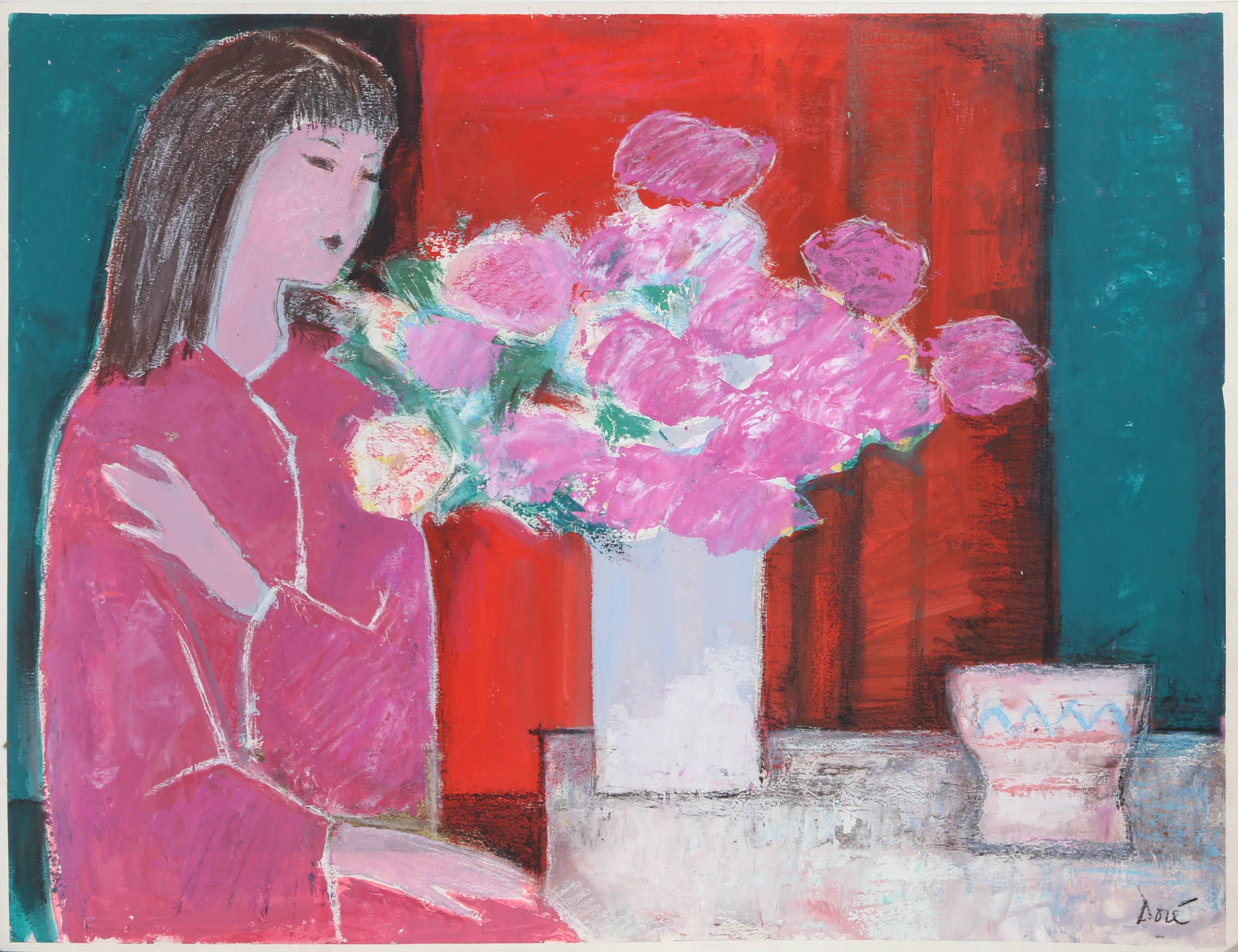 Jose Canes (Dore) Figurative Painting – ""Frau in Rosa mit Blumen", Acryl und Pastell auf Papier, um 1980