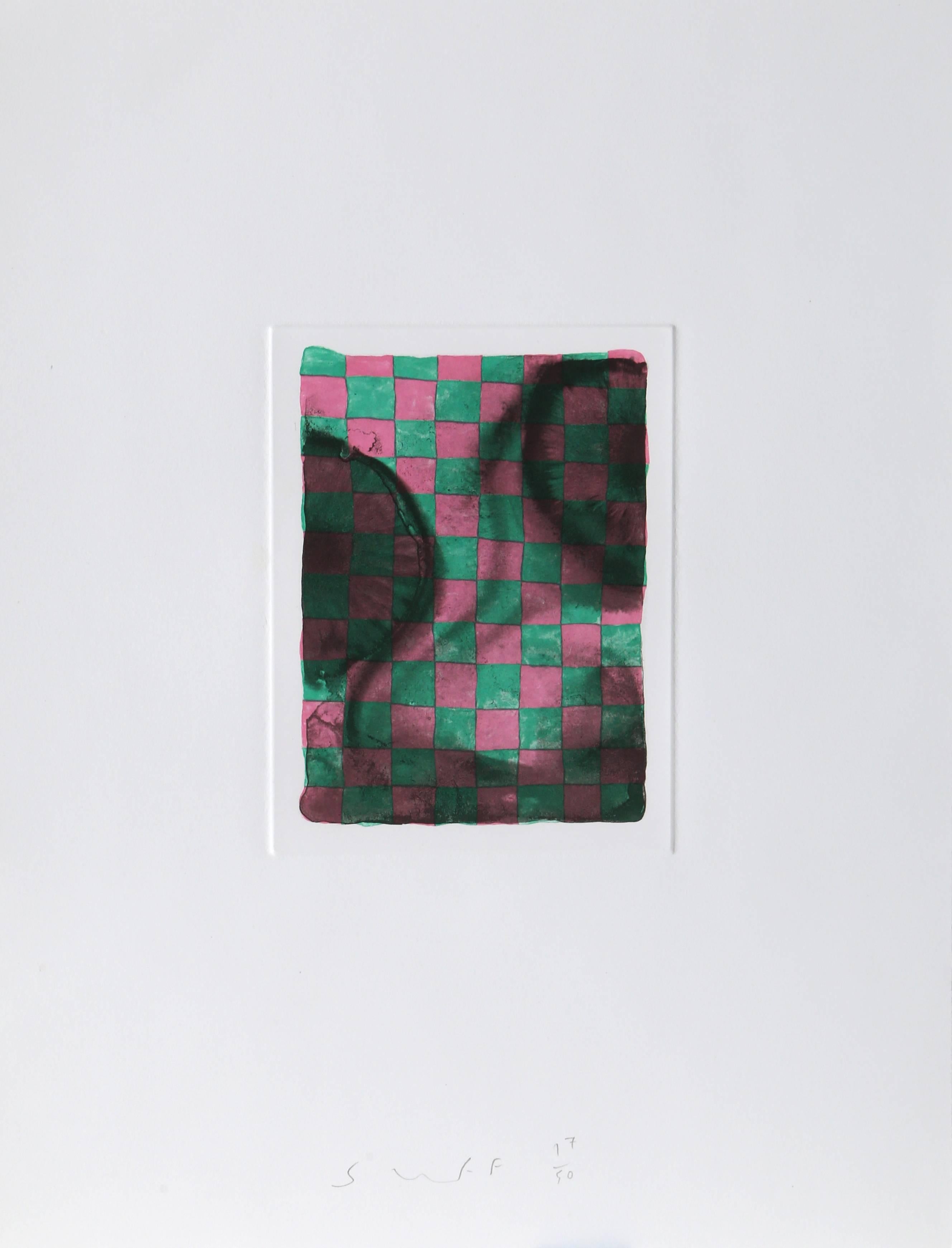 Peter Schuyff Abstract Print - "Green and Pink Checkerboard, " Etching with Aquatint, 1990