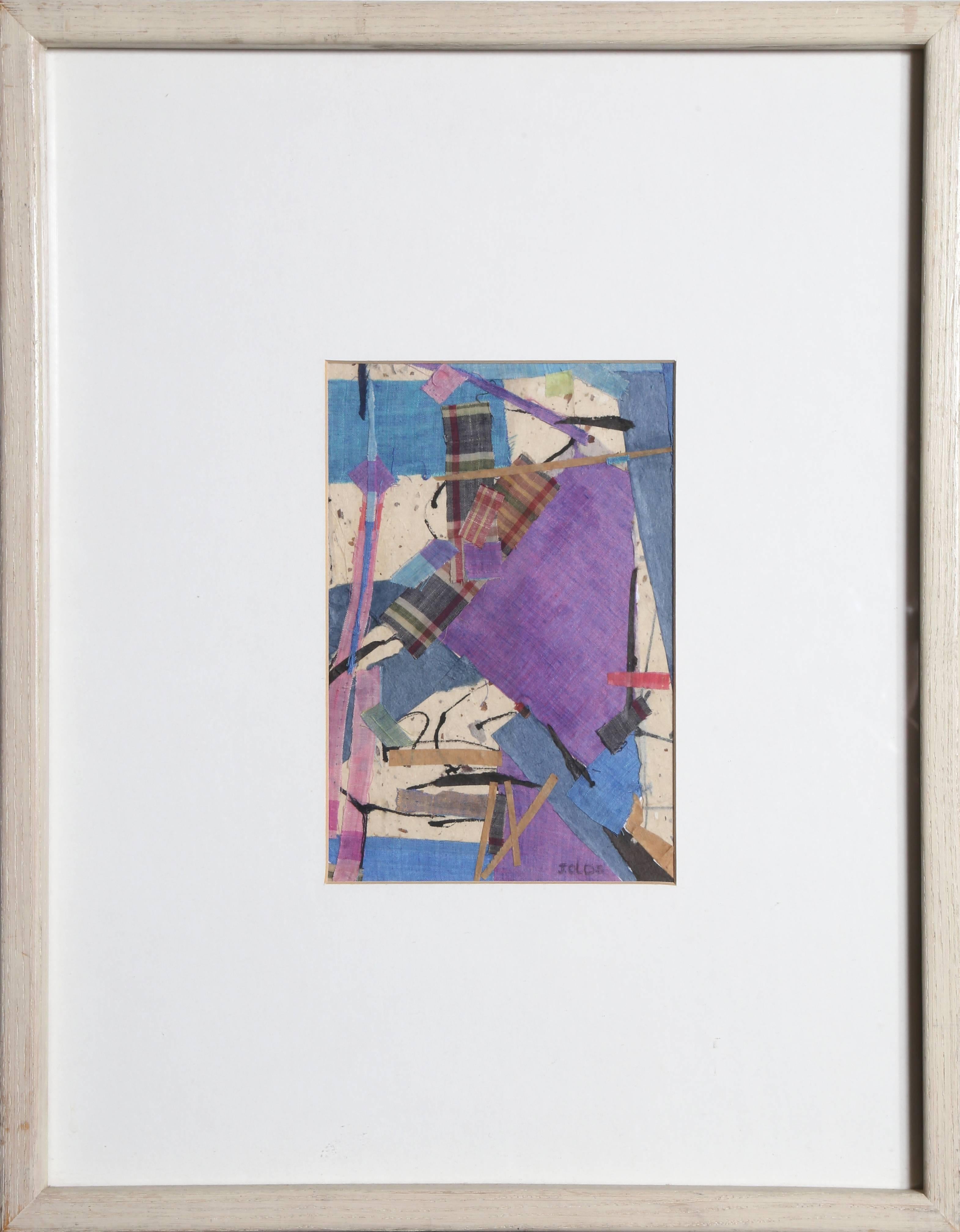 « Lavender, bleu et carreaux », collage technique mixte avec tissu, vers 1983 - Mixed Media Art de Jean Olds