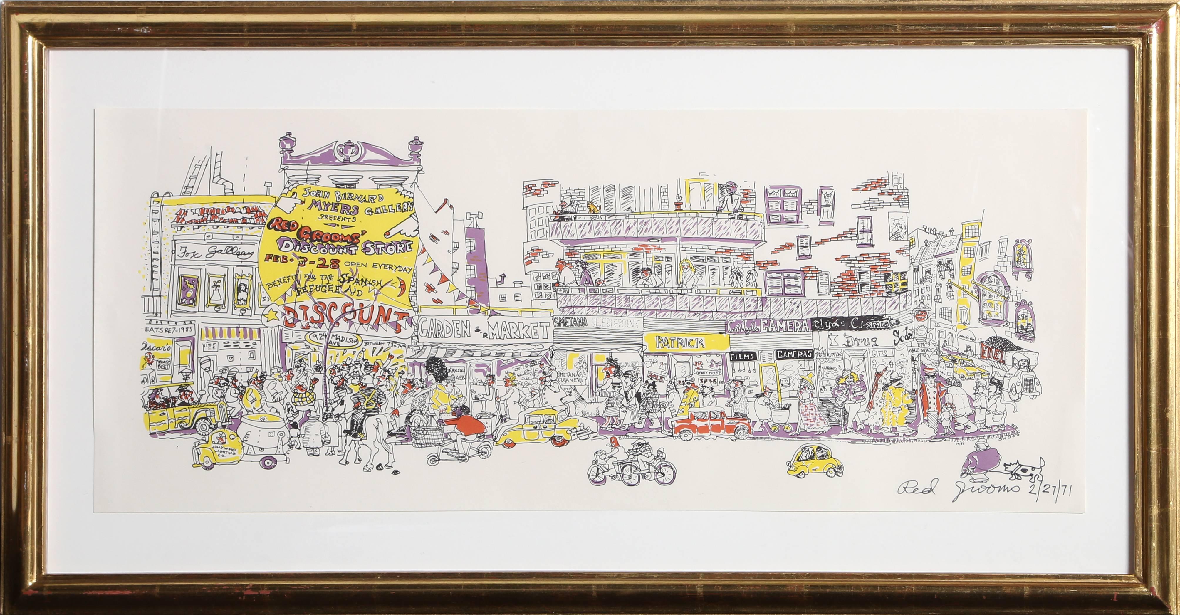 Artista: Red Grooms, americano (1937 - )
Titolo: Negozio di sconti
Anno: 1971
Medium: Serigrafia con disegno a pennarello, firmato e datato 
Dimensioni: 11,5 x 29 pollici (29,21 x 73,66 cm)
Dimensioni della cornice: 18 x 35 pollici

Riferimento come