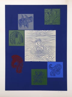Abstract with Animal Line Studies, Linocut Print by Eric Newton, circa 1955