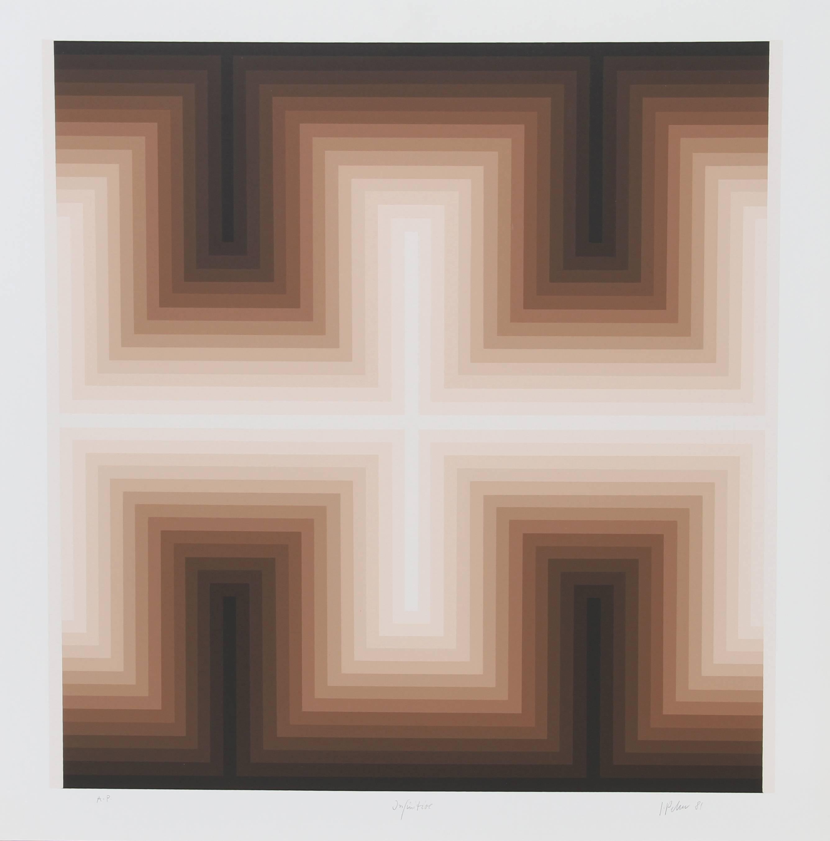 Cette sérigraphie a été créée par l'artiste allemand Jurgen Peters. Peters était un artiste optique très connu dans les années 1970, il était contemporain de Victor Vasarely, Yaacov Agam et Briget Riley. Ce tirage, dans le style typique de