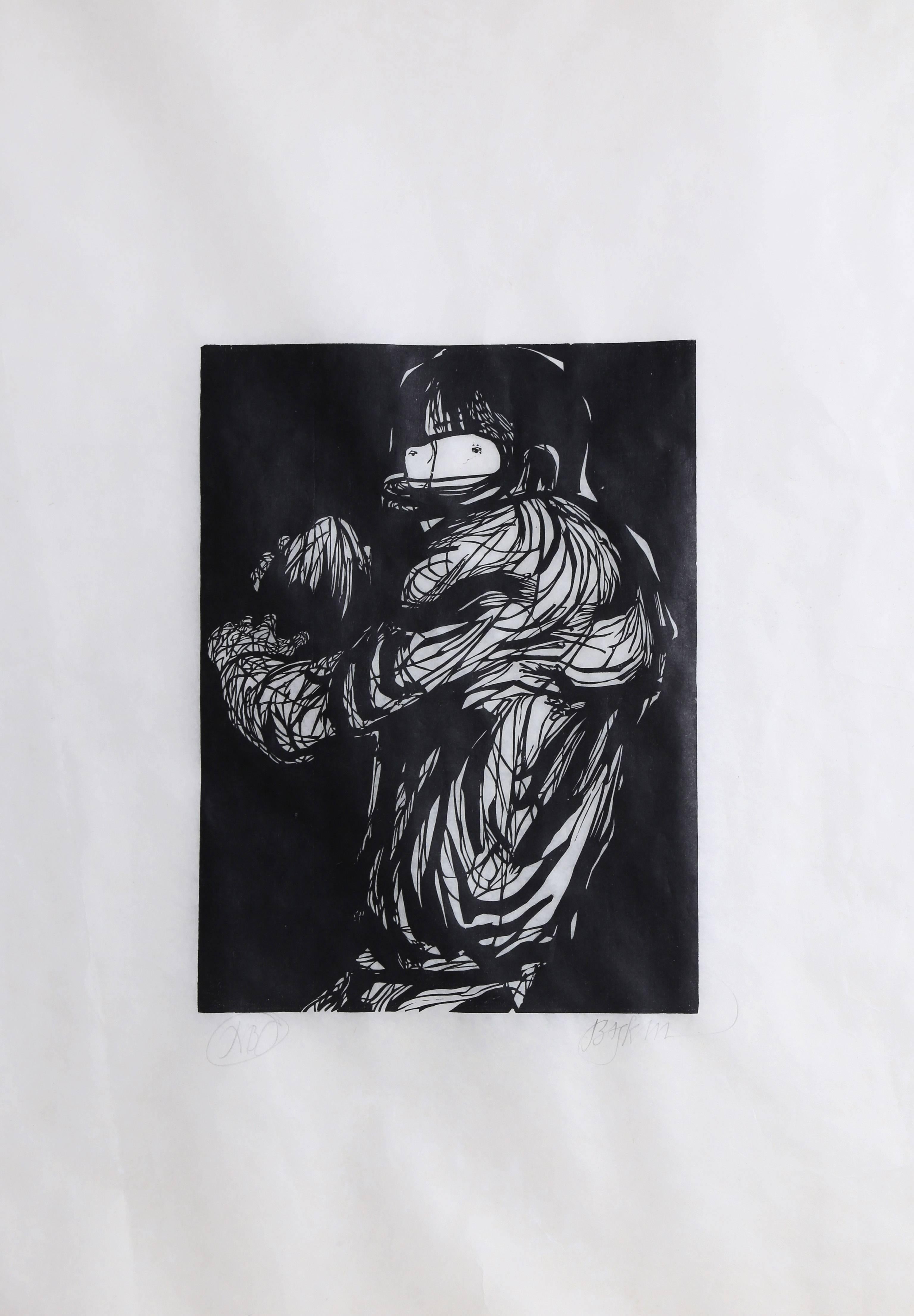 "The Football Player, " Woodcut Print on Rice Paper by Leonard Baskin