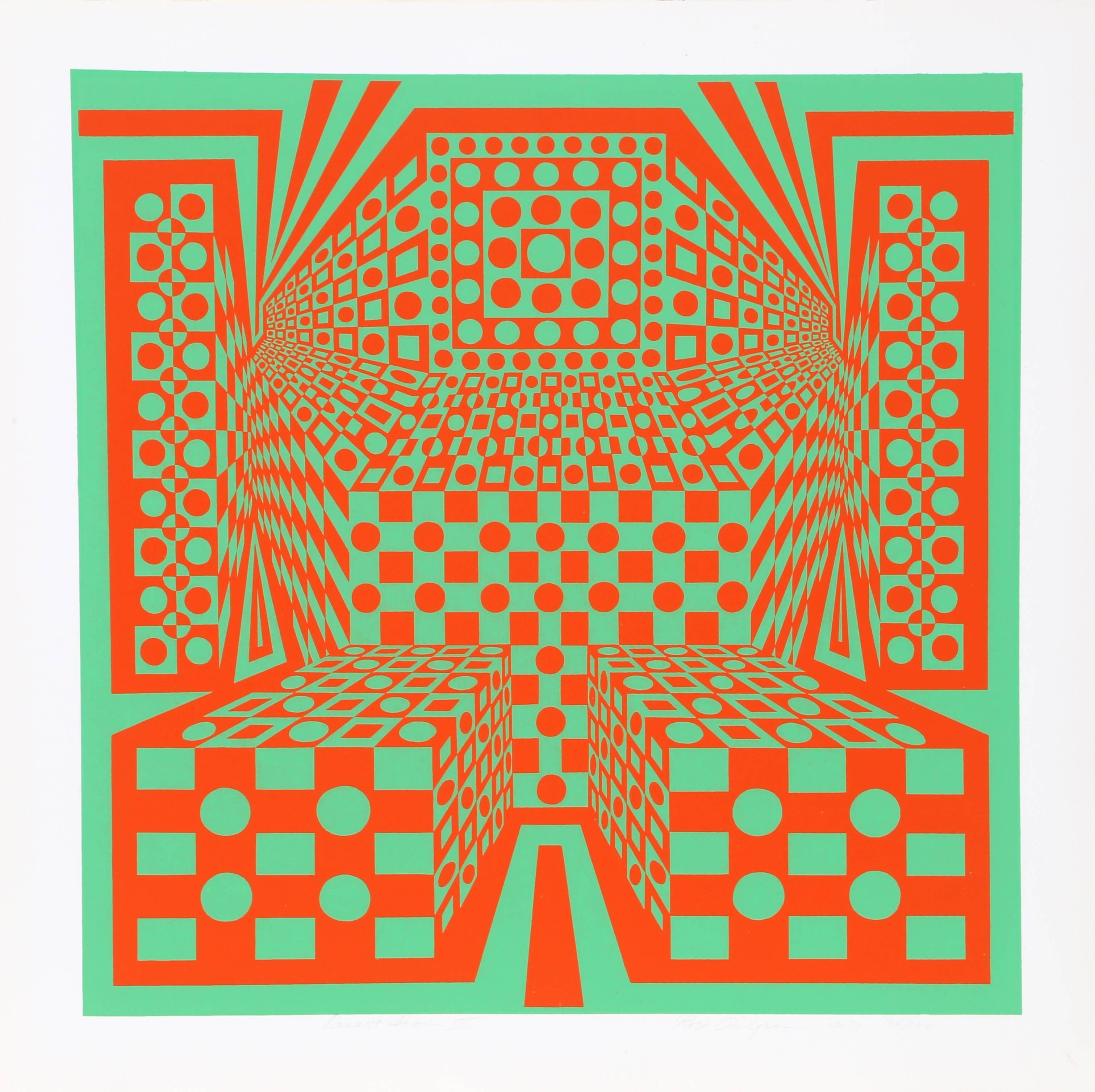 This grid of squares and circles quickly folds in on itself and seems to warp the fabric of space around it. Perfectly symmetrical, this print gives the illusion of diving headfirst into an old computer modem or a simulation just starting to stretch