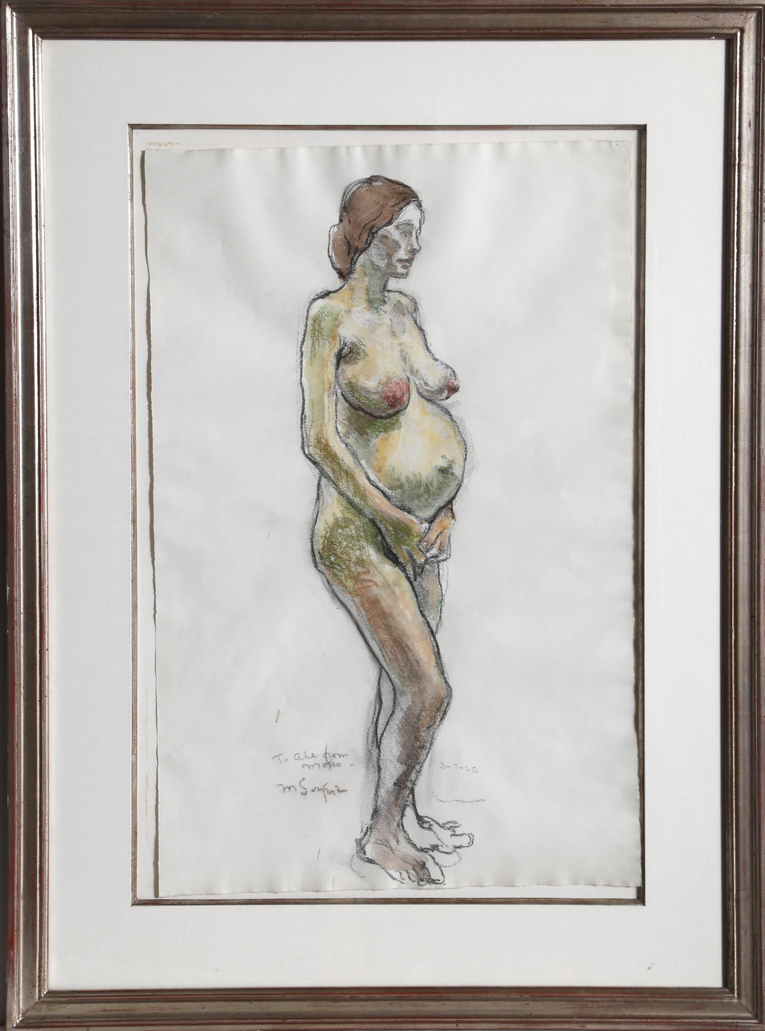 Standing Pregnant Nude, Original Drawing by Moses Soyer 1965