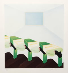 Quatre formes vertes dans un espace continu, sérigraphie surréaliste de Frank Roth
