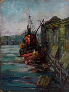 Molo di New Rochelle, dipinto a olio impressionista di Margaretha E. Albers