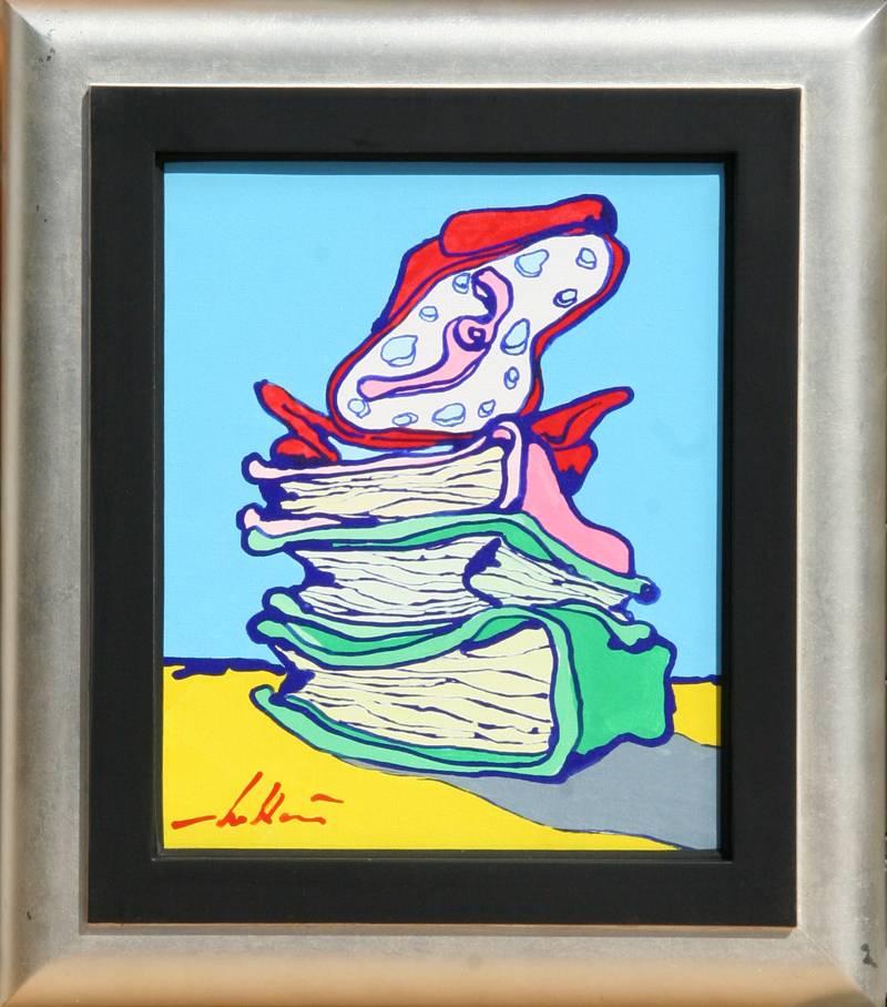 Artista: Pietro Bulloni
Titolo: Unaici e Quarantahue (Orologio su tre libri) 
Anno: 2003
Medium: Olio su tela, firmato ll
Dimensioni: 12 x 10 pollici
Dimensioni della cornice: 17 x 15 pollici
