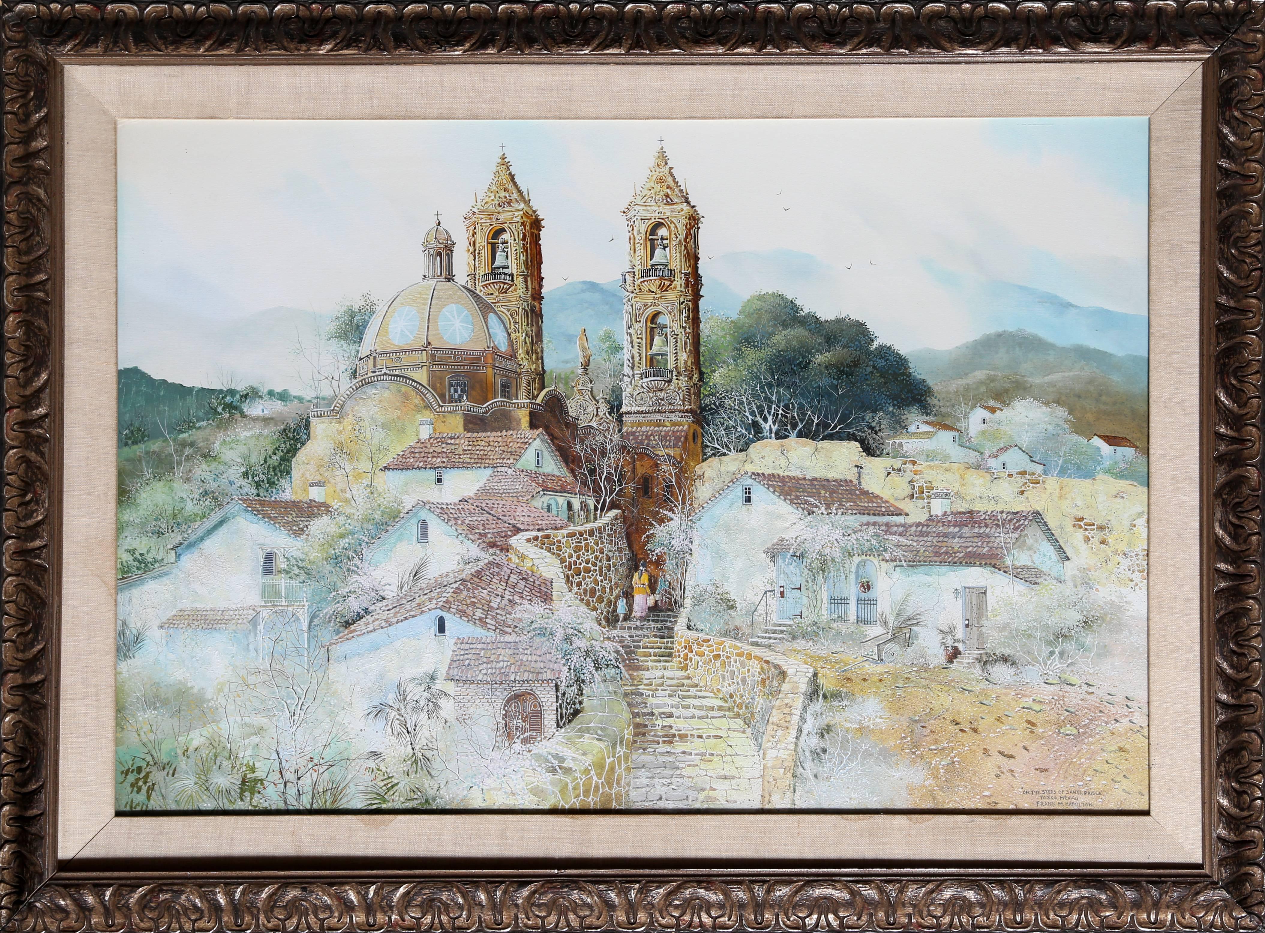 Künstler: Frank Moss Hamilton, Amerikaner (1930 - 1999)
Titel: Auf den Stufen von Santa Prisca, Taxco Mexiko
Jahr: ca. 1960
Medium: Gouache auf Papier, signiert l.r.
Größe: 23,5 x 35,5 Zoll (59,69 x 90,17 cm)
Rahmengröße: 31,5 x 43,5 Zoll