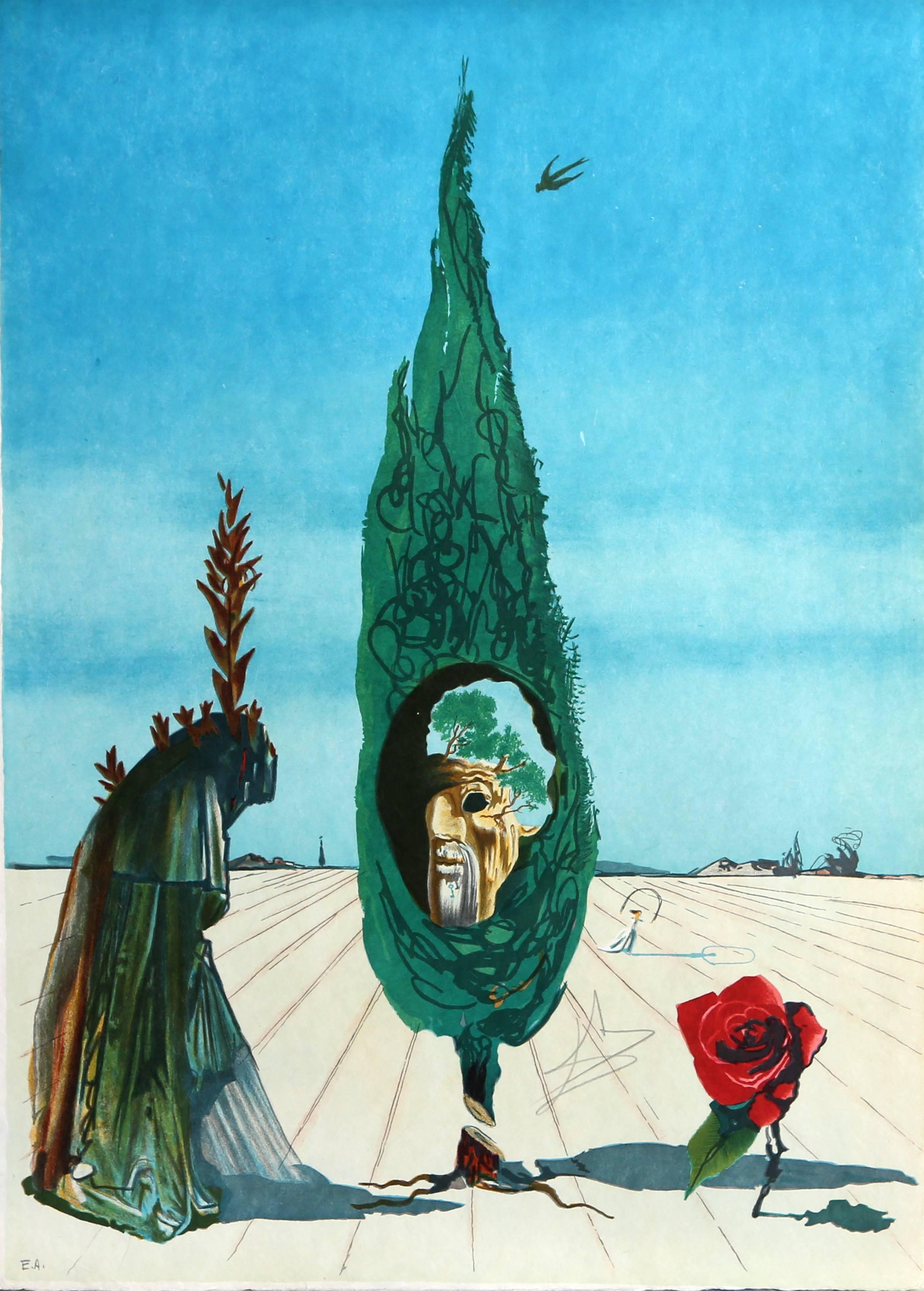 Salvador Dalí Landscape Print - Enigma of the Rose (Death) from Visions Surrealiste