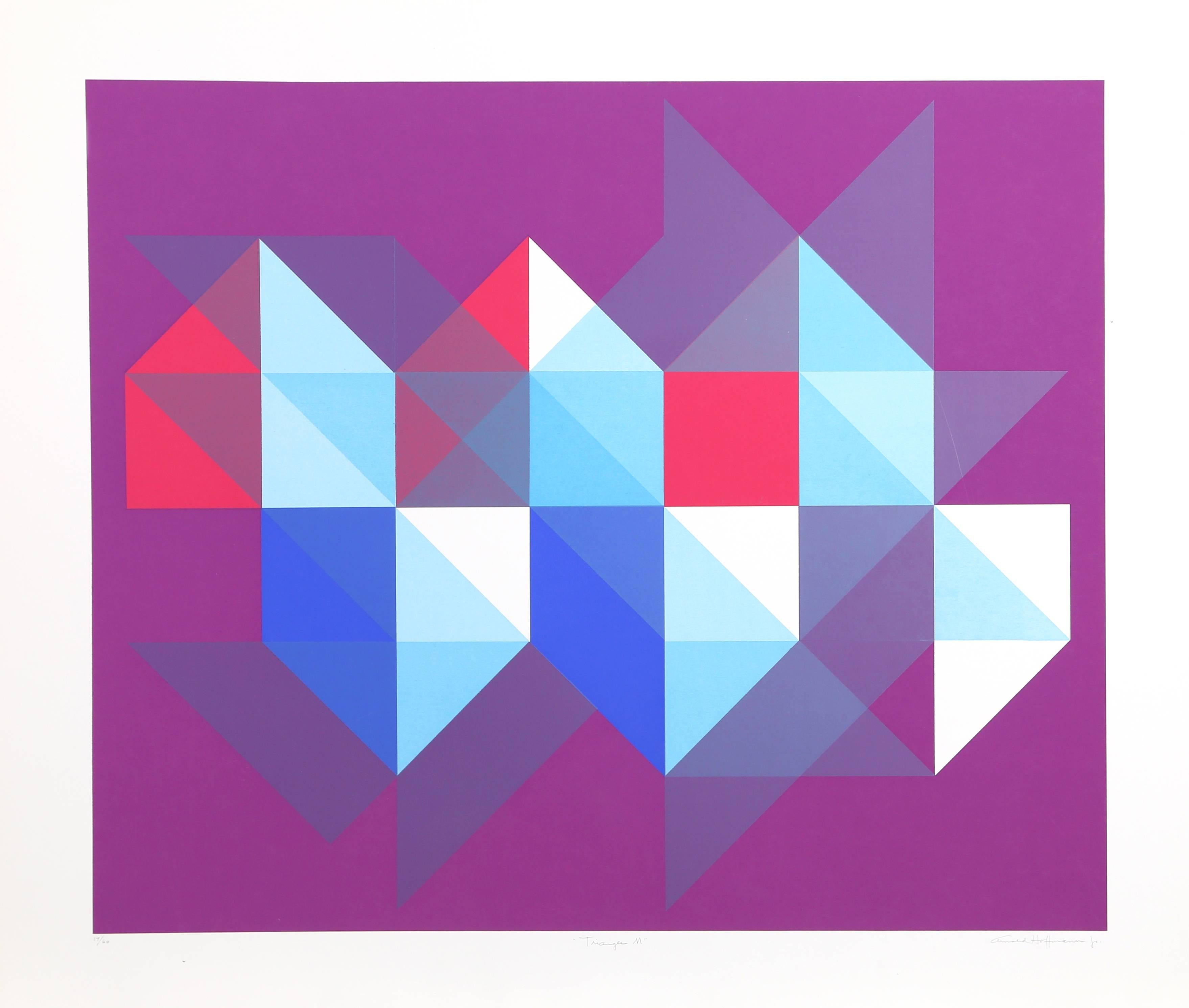 Künstler: Arnold Hoffman, JR., Amerikaner (1915 - 1991)
Titel: Dreieck M
Jahr: ca. 1970
Medium: Siebdruck, signiert und nummeriert mit Bleistift
Auflage: 60
Bildgröße: 25 x 30 Zoll
Größe: 81,28 x 93,98 cm (32 x 37 Zoll)