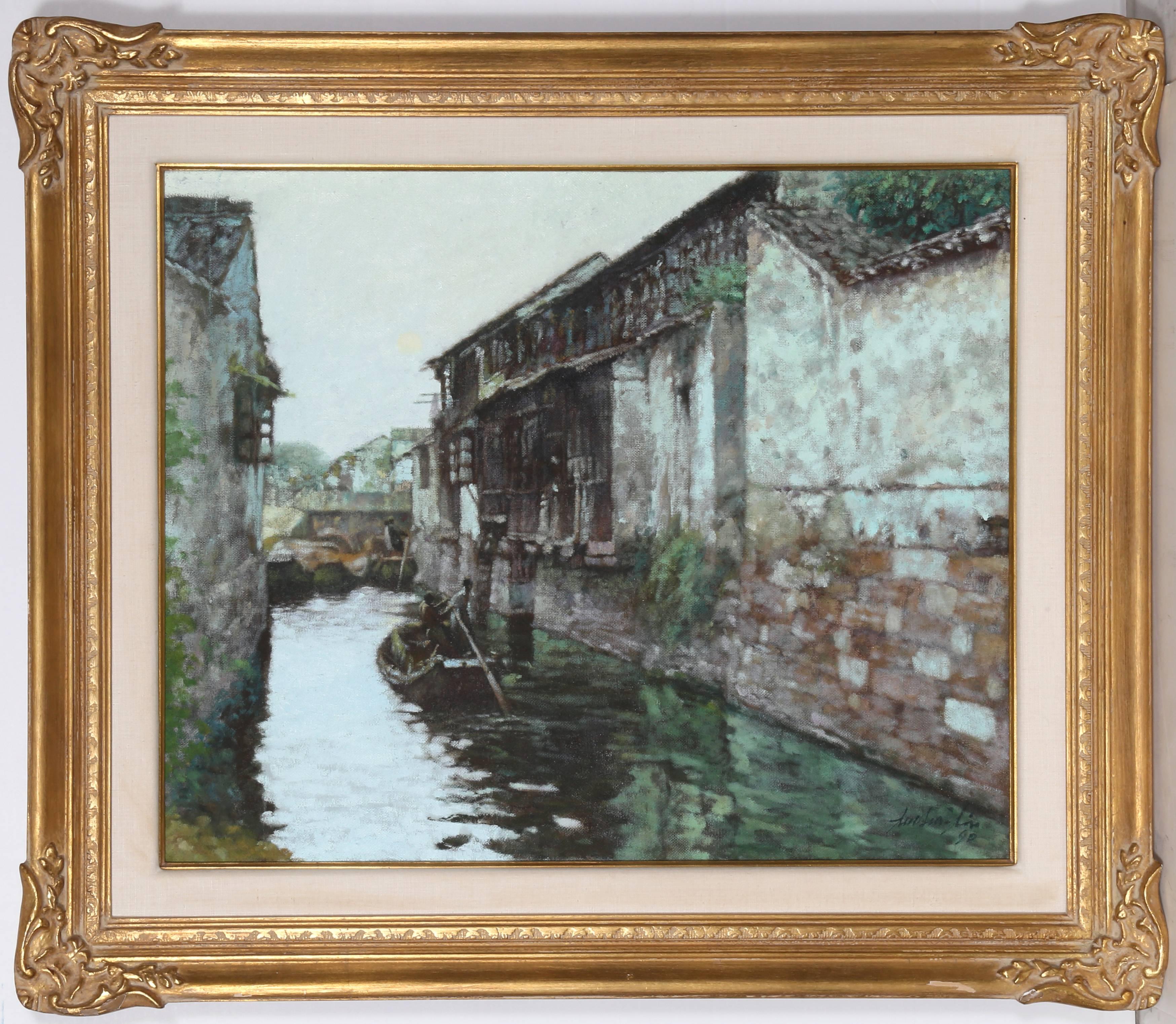 Xue Jian Xin Landscape Painting - Boat in Village Canal