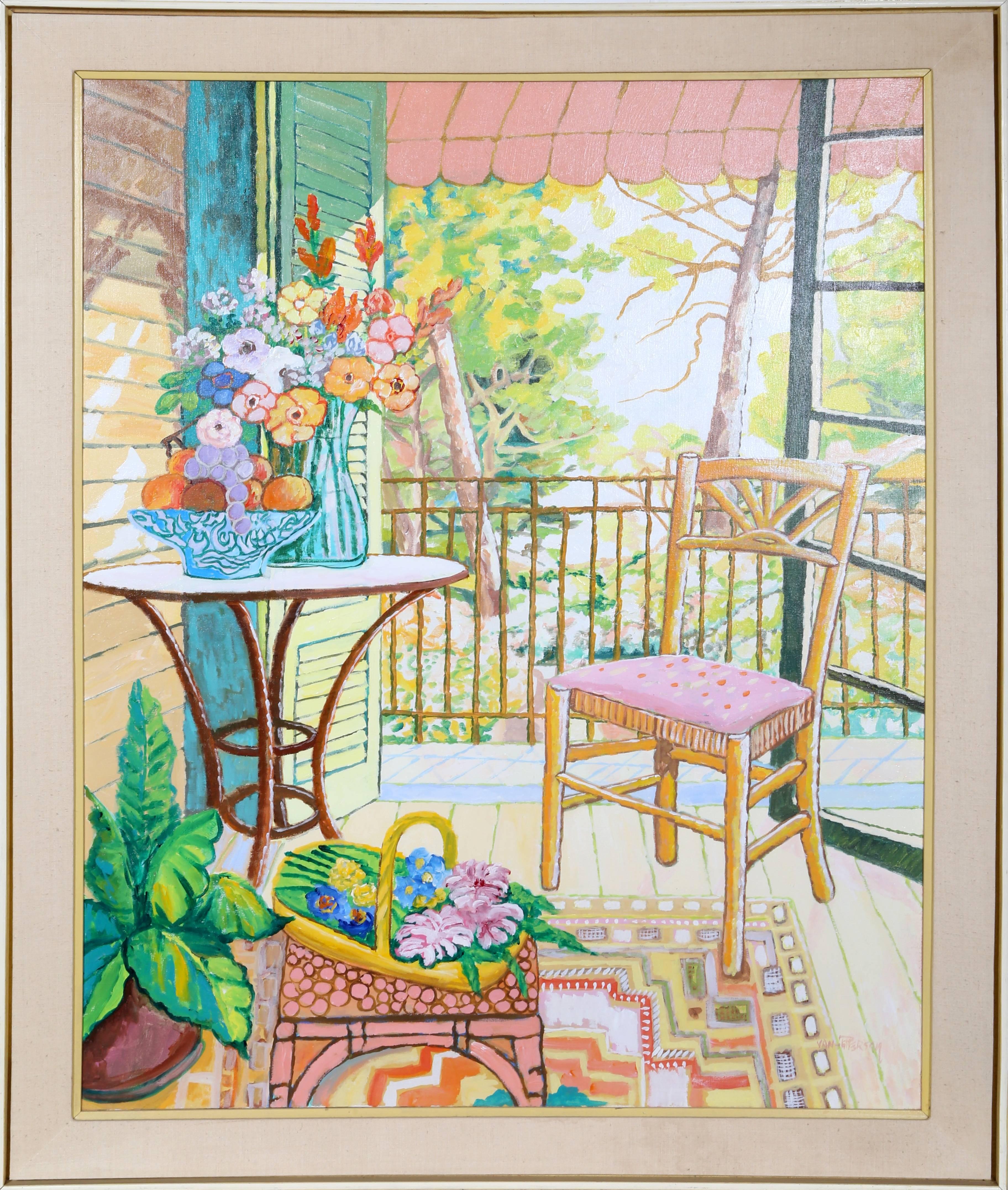 Lloyd Van Pitterson Interior Painting - Front Porch with Pink Chair, Oil Painting by Lloyd van Pitterson