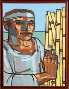 Hombre con juncos, Pintura al óleo contemporánea sobre lienzo de Jorge Dumas