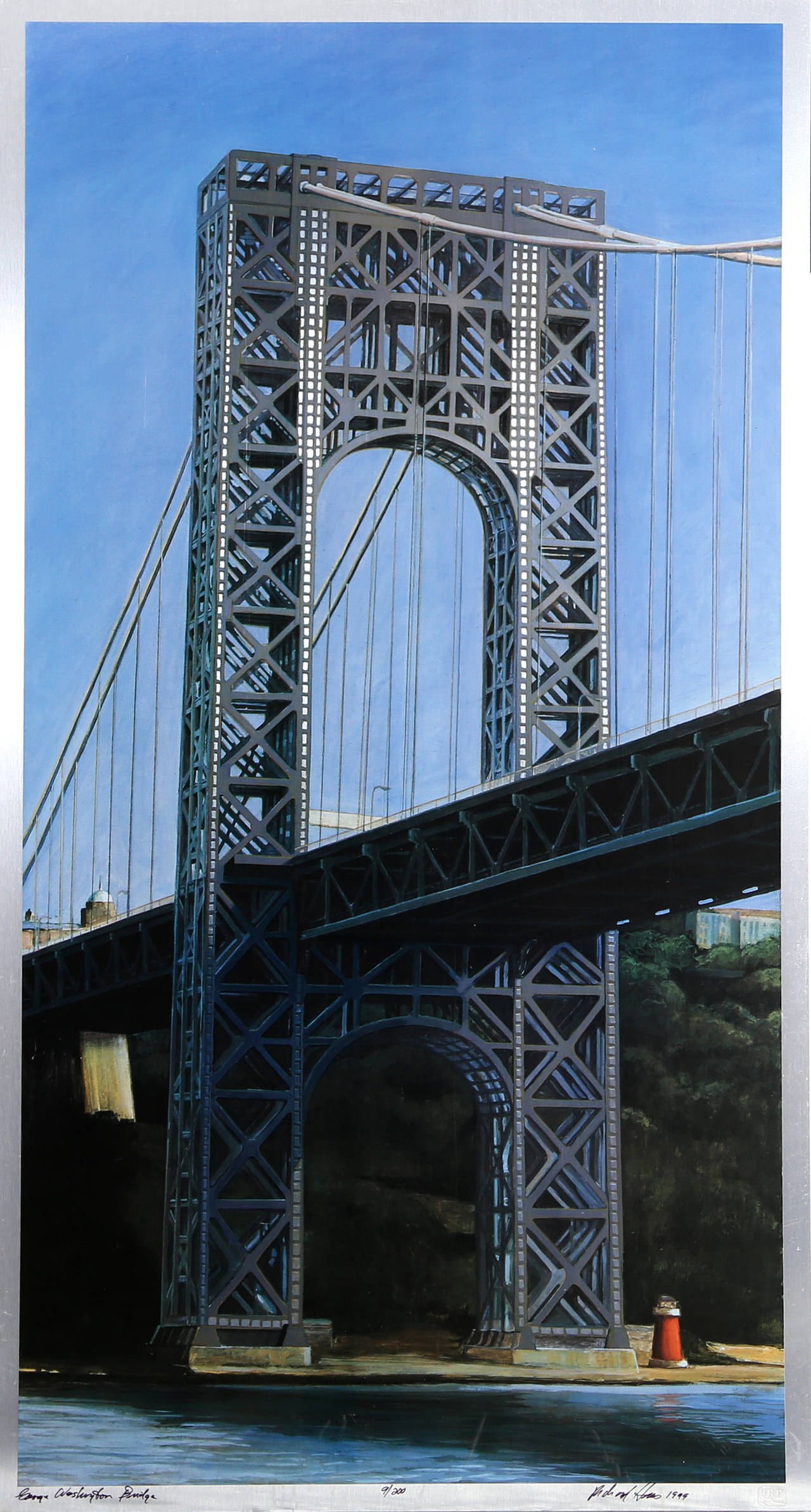 Eine Lithographie und ein Siebdruck auf Aluminium von Richard Haas aus dem Jahr 1999. Ein detaillierter Schnitt durch die Trag- und Hängekonstruktion der George-Washington-Brücke. Signiert und nummeriert in einer Auflage von 200 Stück,