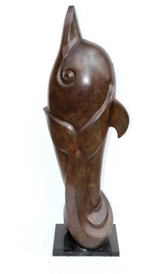 Dolphin, Tall Bronze Sculpture with Patina