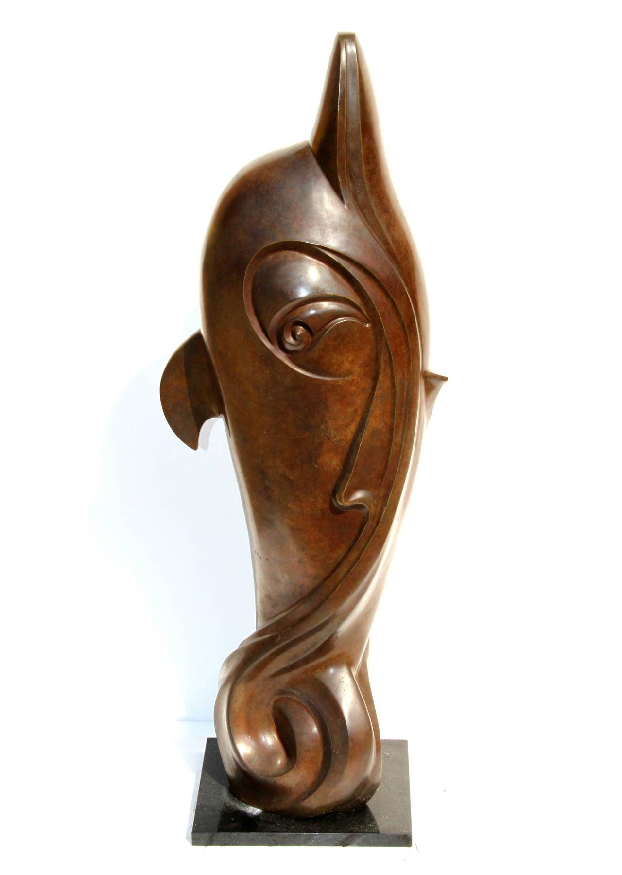 Dolphin, Tall Bronze Sculpture with Patina - Gold Figurative Sculpture by Unknown
