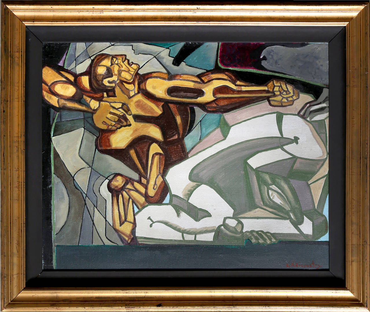 An oil painting by Ernst Neizvestny from 1984. An abstract modernist depiction of two figures in a dramatically expressive scene of pathos. 

Artist: Ernst Neizvestny
Title: Kepmovr?
Year: 1984
Medium: Oil on Canvas, signed recto, signed, dated and