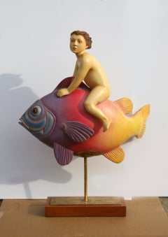 Flying Fish with Boy, Resin and Wood Sculpture by Sergio Bustamante