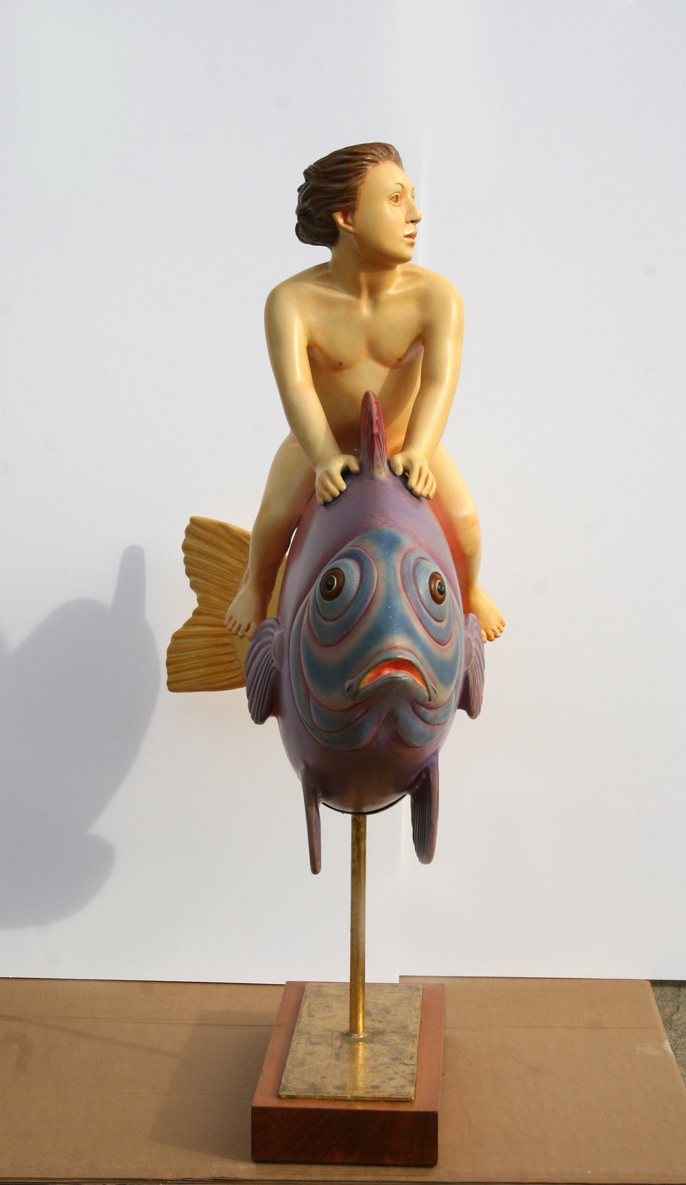 Flying Fish with Boy, Resin and Wood Sculpture by Sergio Bustamante For Sale 1