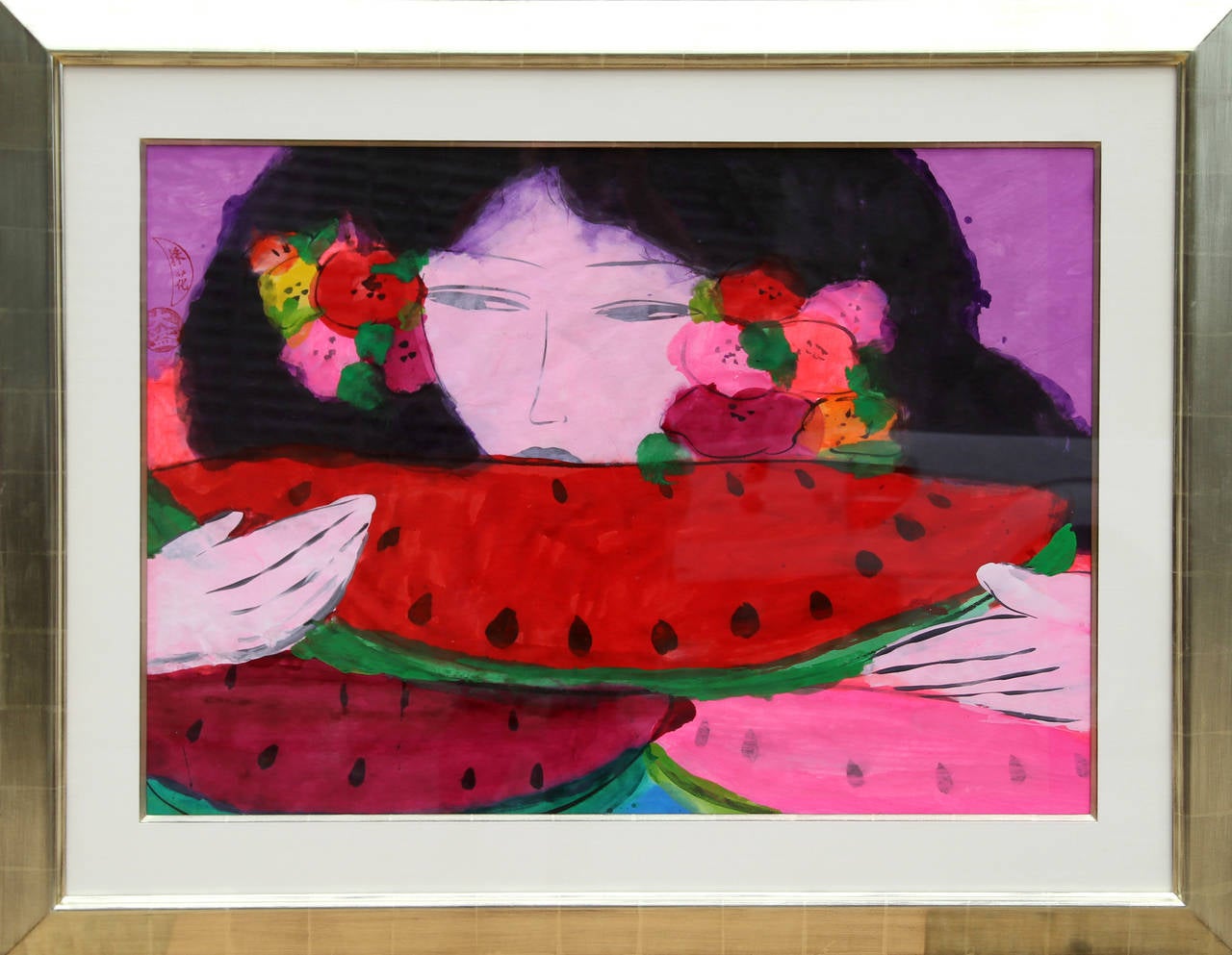 Walasse Ting Portrait - Woman Eating Watermelon