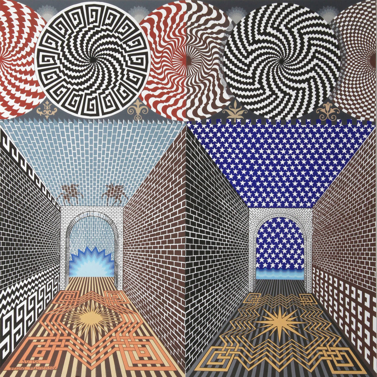 A serigraph print by Pedro Friedeberg from 1987. A optical abstract image of a surrealist interior. 

Artist: Pedro Friedeberg, Mexican (1936 - )
Title: Encuentro de dos Mundos
Year: 1987
Medium: Serigraph, signed and numbered in
