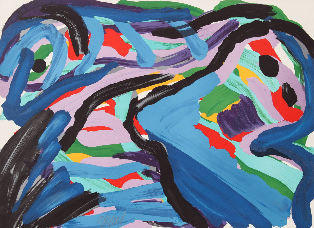 An abstract expressionist lithograph print by Karel Appel from 1980.

Artist: Karel Appel     
Title: Floating in a Landscape
Year: circa 1980        
Medium: Lithograph on Arches Paper, signed and numbered in pencil 
Edition: 160    
Paper