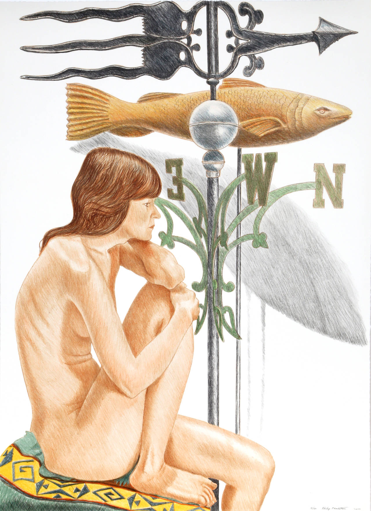 Philip Pearlstein Figurative Print - Nude Model with Banner and Fish Weathervanes
