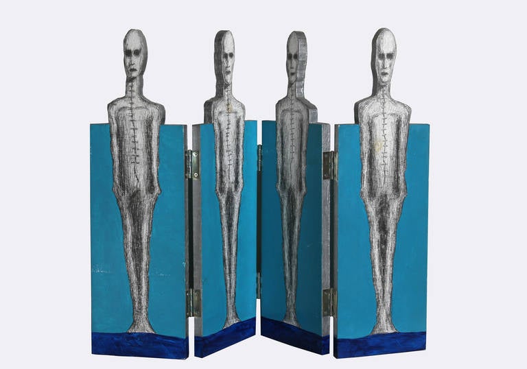 Four Surrealist Skeletal Figures Unique Painted Mini Folding Screen