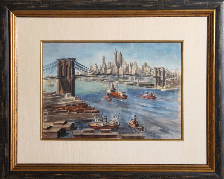 Reginald Marsh Landscape Painting - Brooklyn Bridge and Lower Manhattan I
