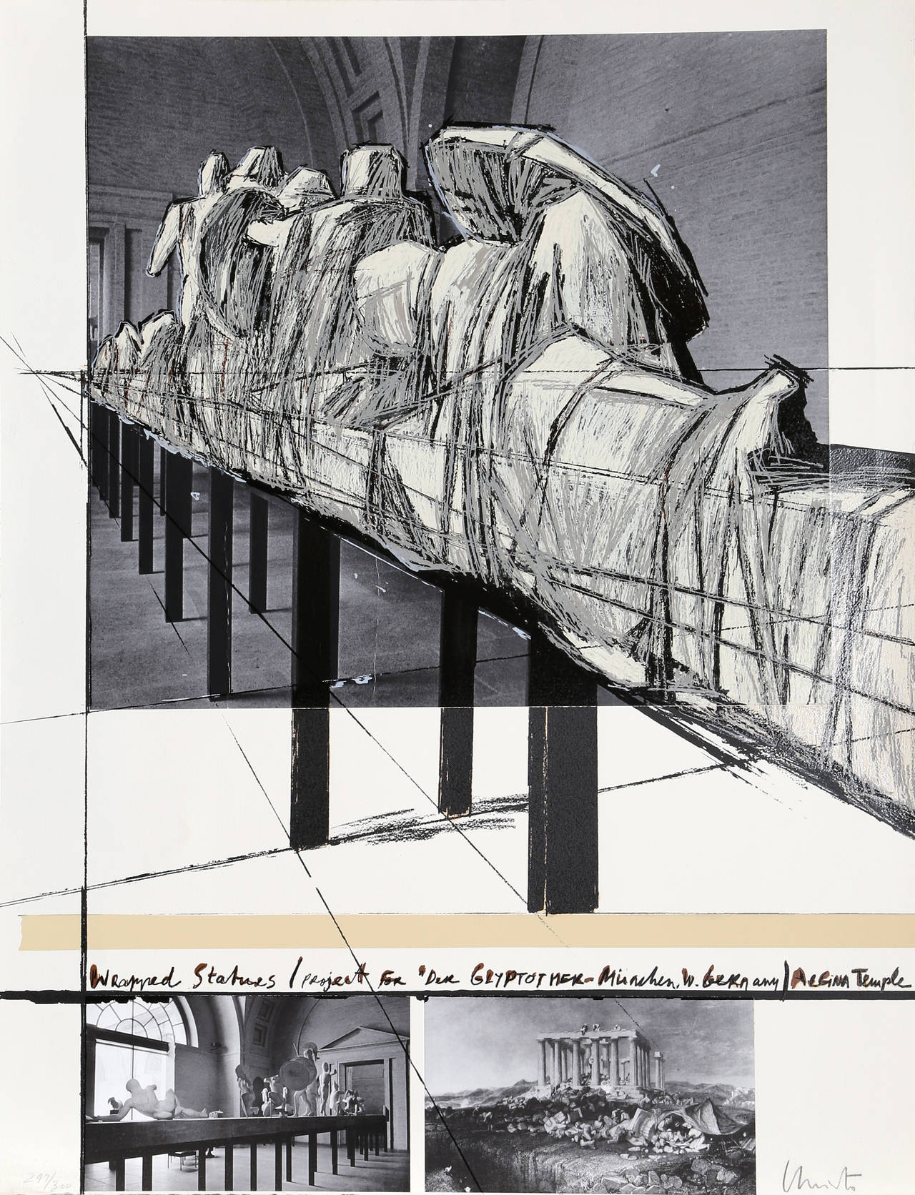 Christo and Jeanne-Claude Landscape Print - Christo, Wrapped Statues: The Glyptothek, Munich, Silkscreen and Collage