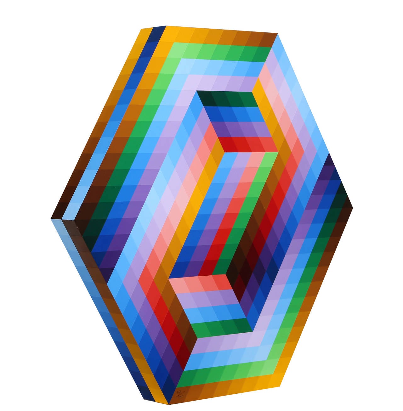 This painted wood sculpture by Victor Vasarely is a fine example of Op Art.  Vasarely's use of contrasting colors and shades heighten the visual experience.

Artist:	Victor Vasarely
Title: Kezdi	
Year: 1989 - 1990 
Medium:	Painted Wood
