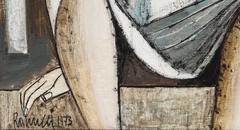 Ragazzo seduto, dipinto a olio su tela surrealista di Lucio Ranucci