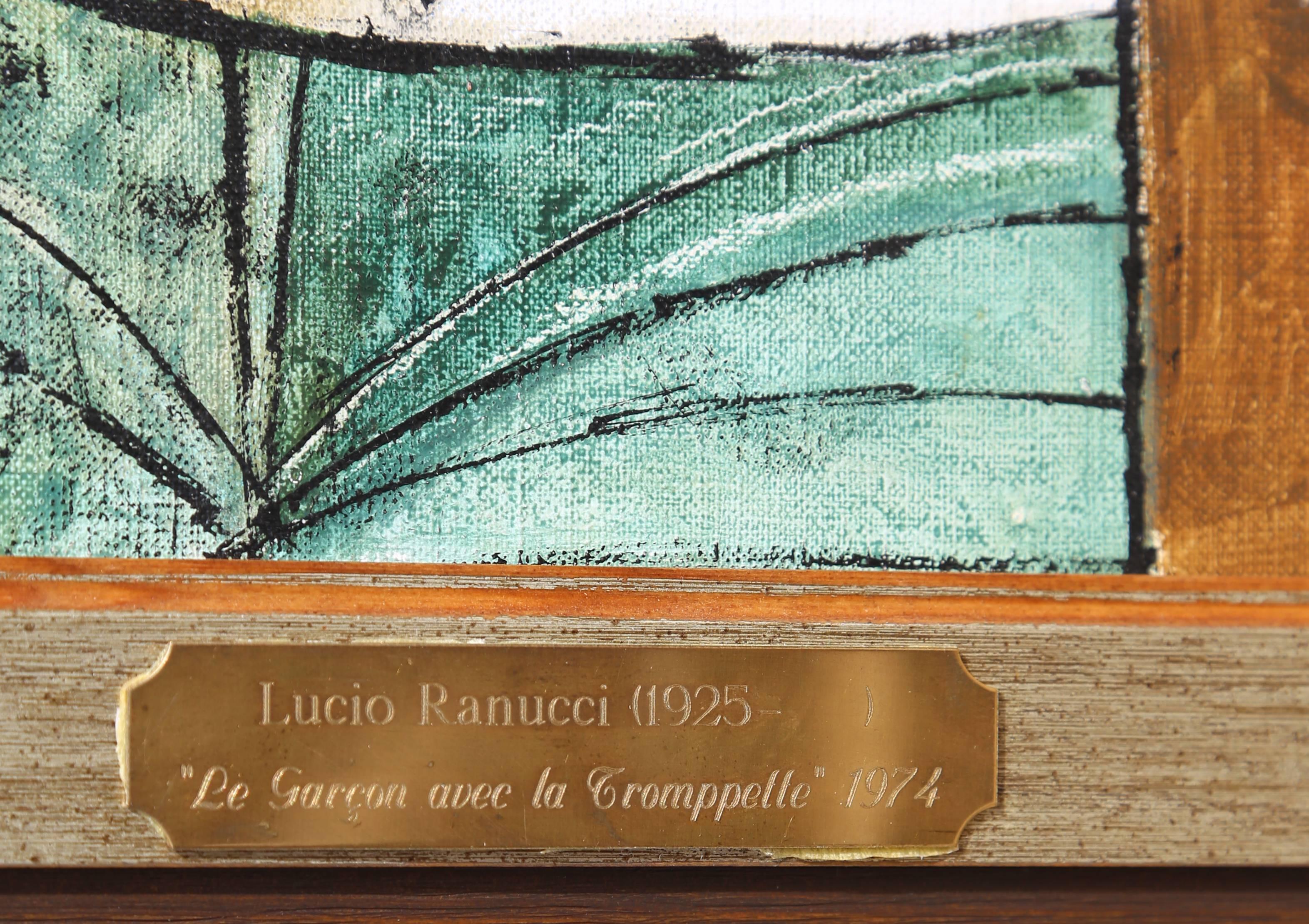 Artist: Lucio Ranucci, Italian (1925 - )
Title: Trumpeter
Year: 1974
Medium: Oil on Canvas, signed u.l.
Size: 24 x 36 in. (60.96 x 91.44 cm)
Frame: 27 x 39 inches