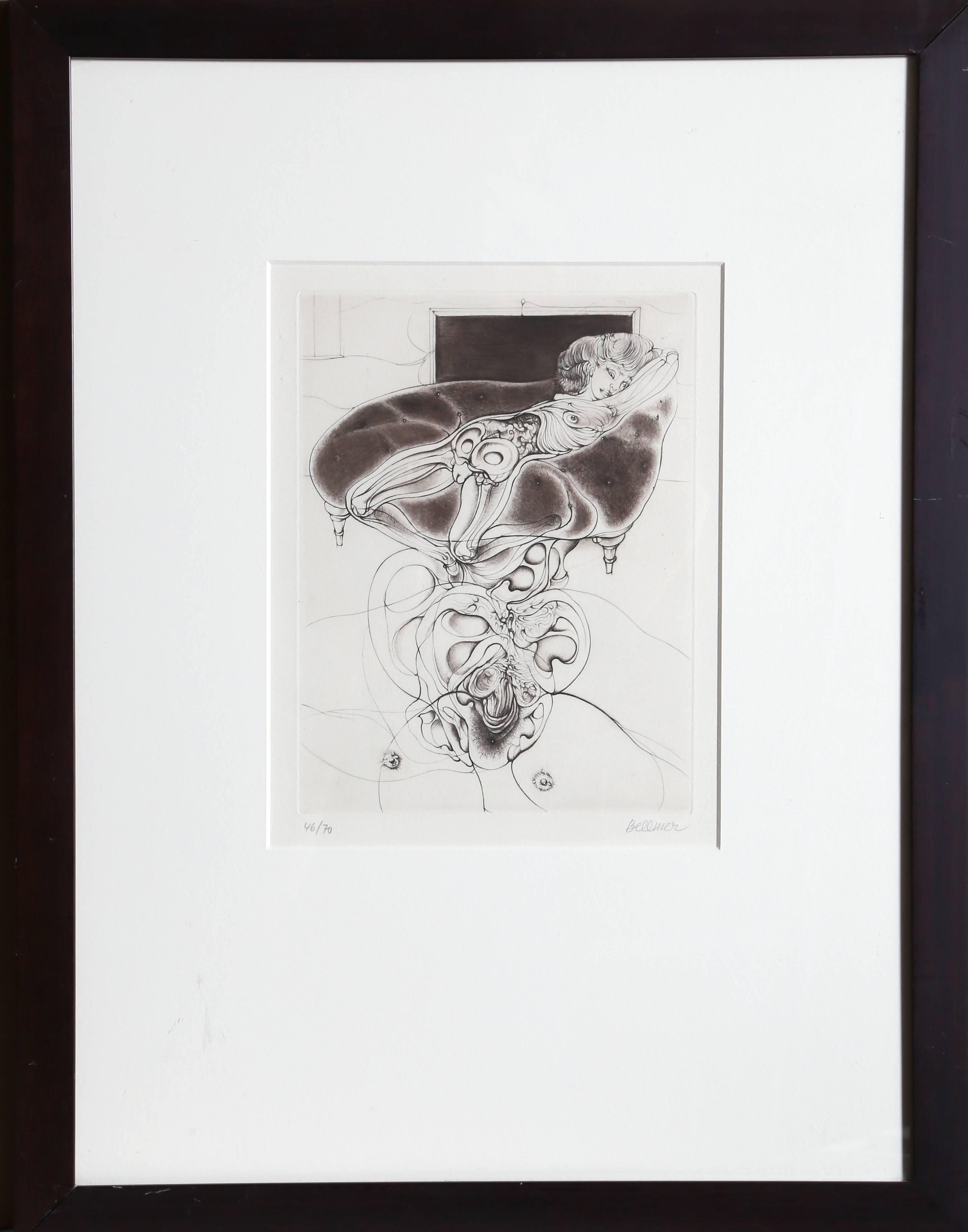 La petite fille sur canape noir - Print by Hans Bellmer