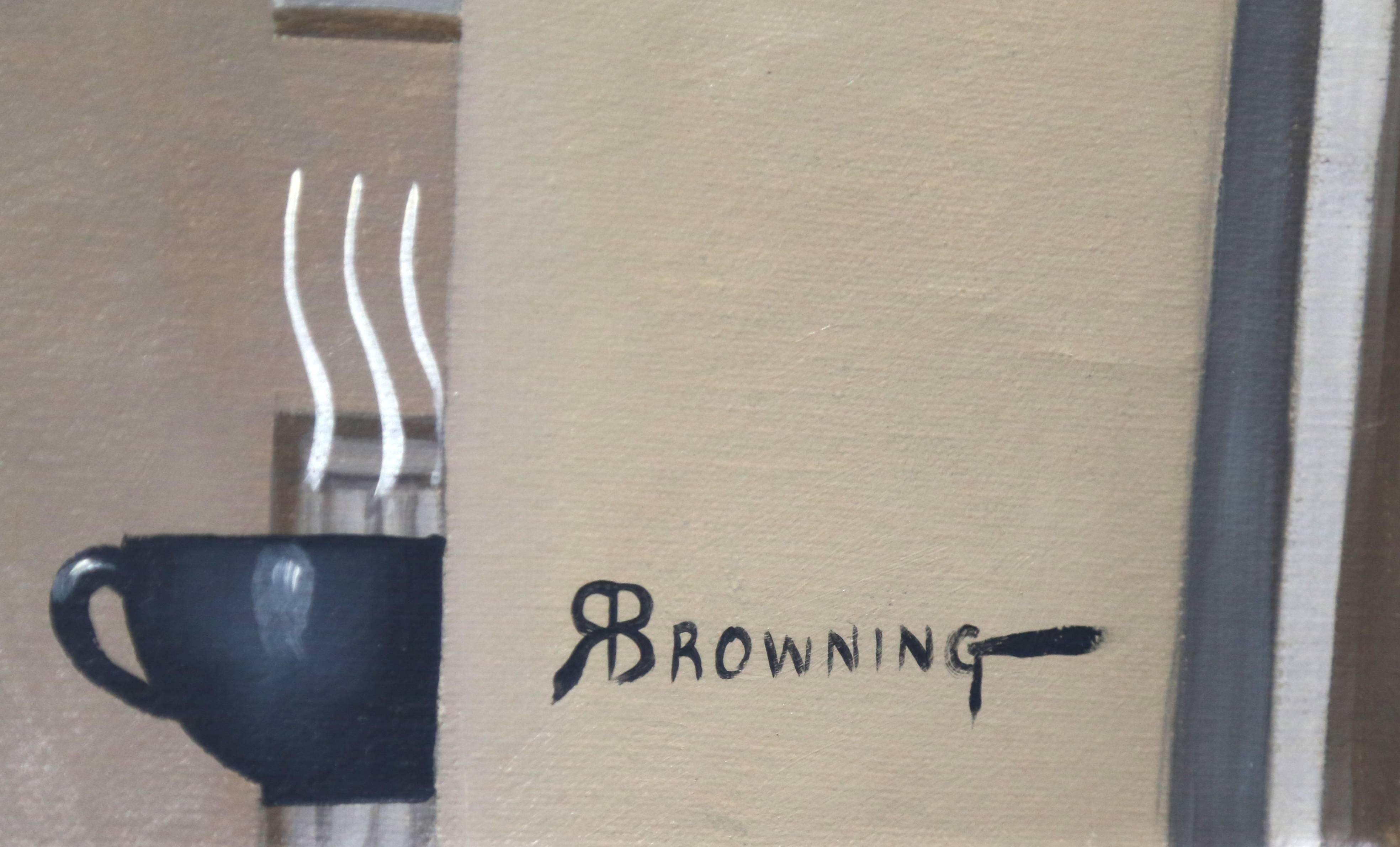 Pouring Coffee with Magritte, peinture à l'huile surréaliste de Randall Browning en vente 1
