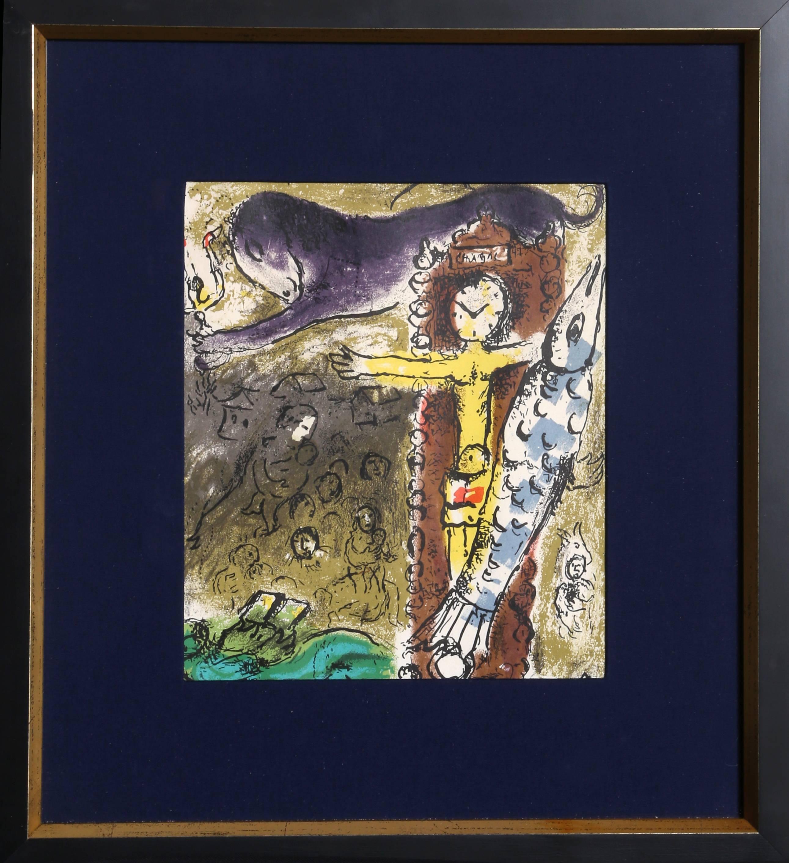 Marc Chagall Figurative Print - Le Christ l'Horloge, Framed Lithograph by Chagall 1957