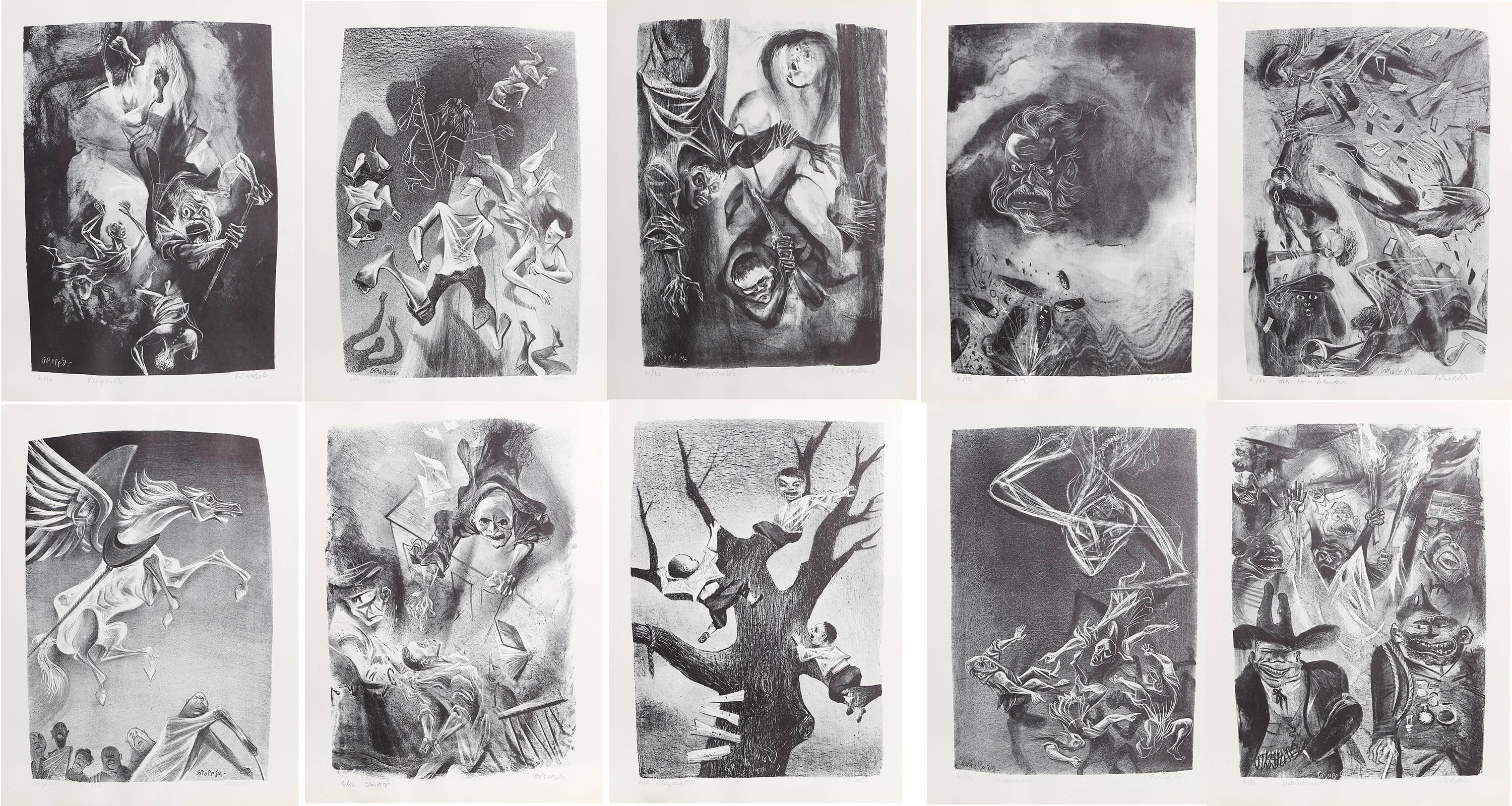 Artist: William Gropper, American (1897 - 1977)
Title: Capriccios Portfolio
Year: 1953 - 1956
Medium: Suite of 50 Lithographs in folio, each hand-signed and numbered in pencil
Edition: 6/50
Image Size: Each 14 x 10 inches
Size: Each 16.5 x 12.5 in.