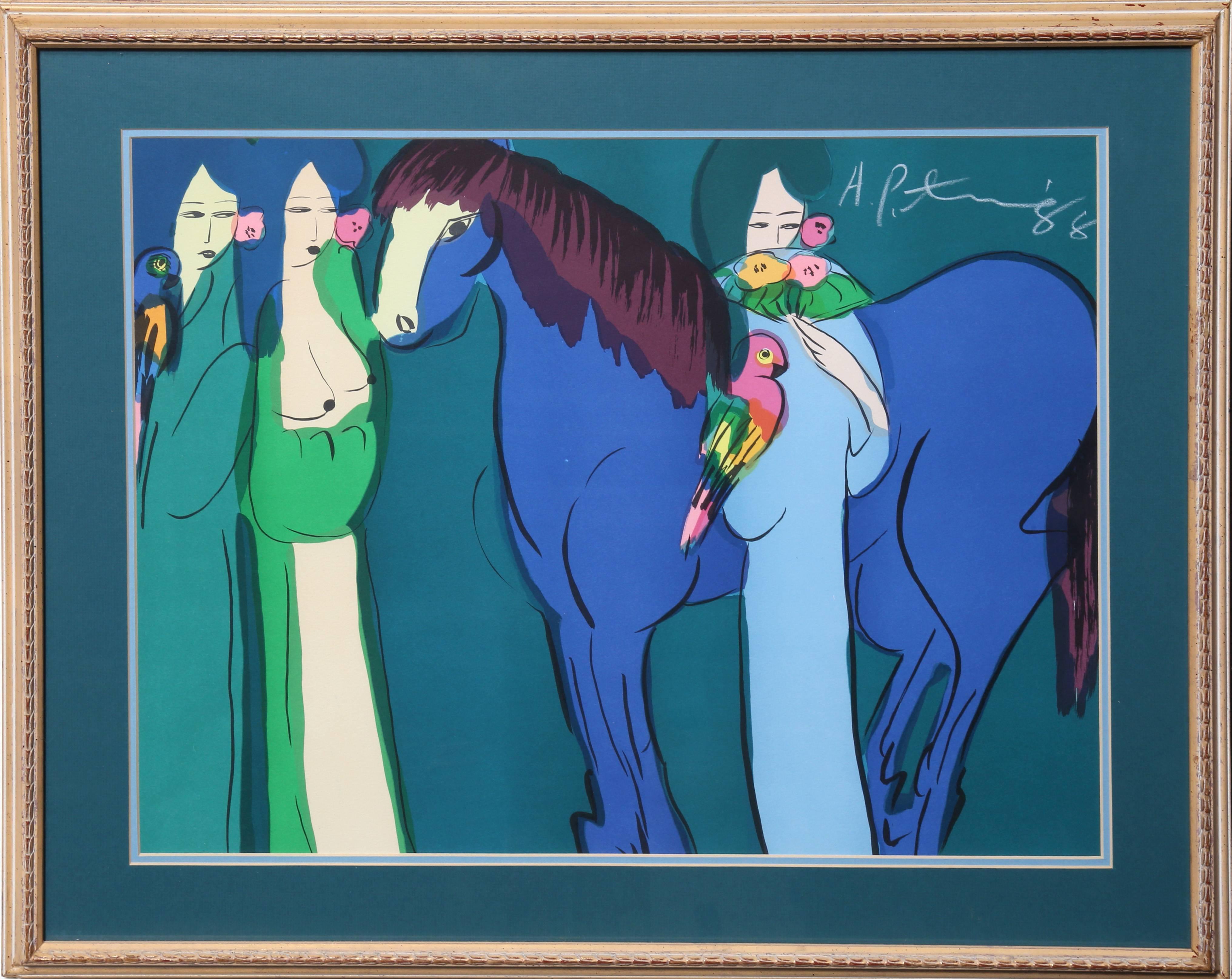 Walasse Ting Animal Print - Three Women with Blue Horse