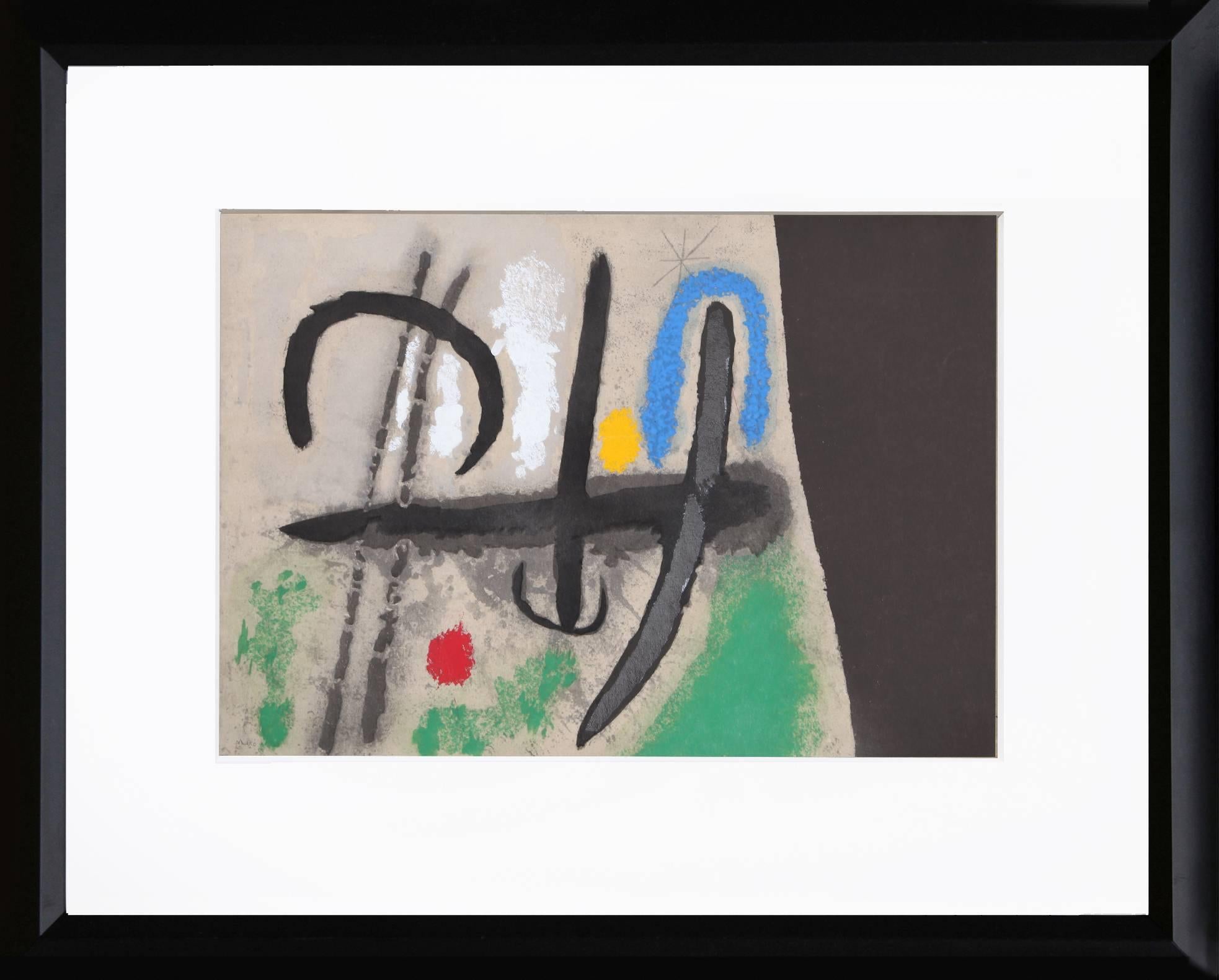 Abstract Print Joan Miró - Cartones 16 : Oiseau dans un Paysage, Pochoir abstrait de Joan Miro